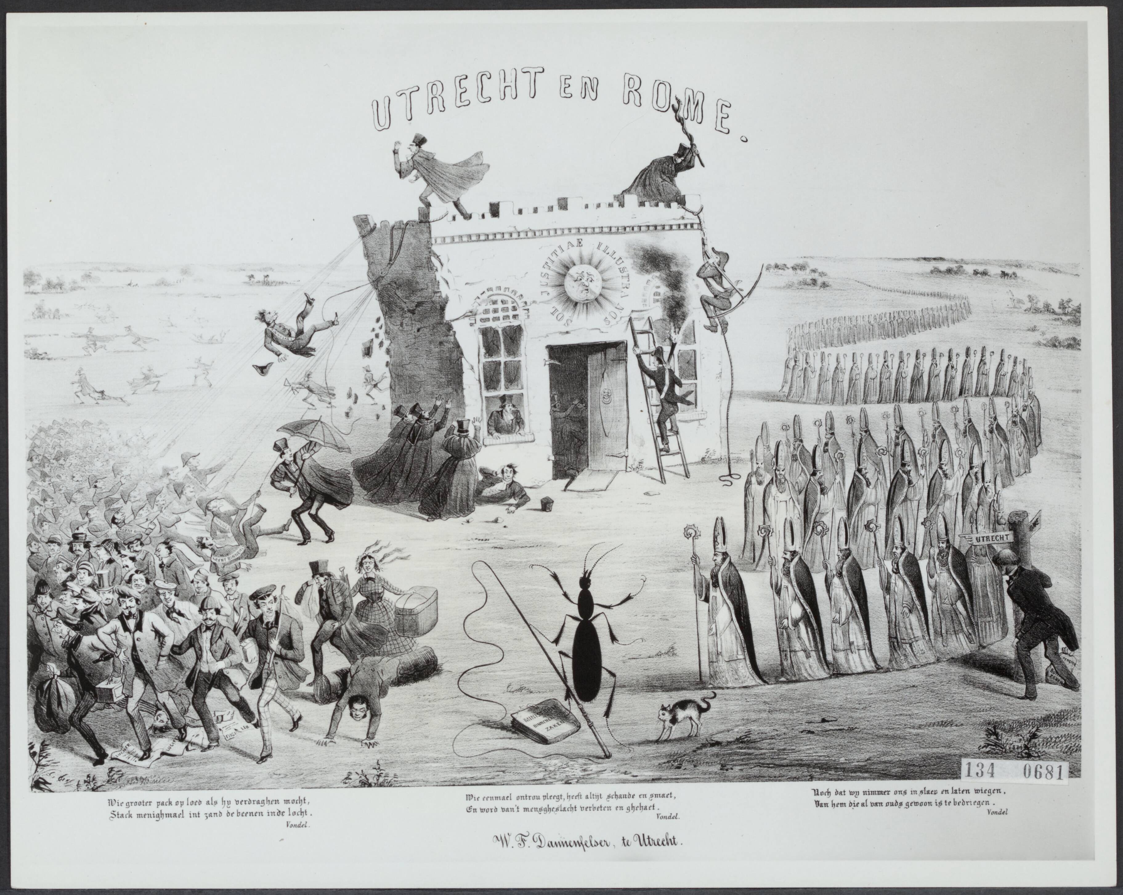 Fotocollectie Rijksvoorlichtingsdienst Eigen — "Utrecht en Rome", spotprent op de gevreesde opheffing van de Rijksuniversiteit te Utrecht, door W.F. Dannenfelser. Het gebouw wordt door enkele professoren te tegen de agenten van Binnenlandse Zaken, die de muren trachten weg te breken, verdedigd. Links op de voorgrond vluchtende studenten en een professor met zijn vrouw. In het midden een tor met zweep en portefeuille, doelende op Thorbecke. Rechts een wegwijzer Utrecht waarlangs een onafzienbare rij bisschoppen nadert — Foto: Rijksmuseum Amsterdam. Licentie: Set B: Rechtenvrij / Publiek Domein. Bron: Nationaal Archief. http://hdl.handle.net/10648/af5d48a2-d0b4-102d-bcf8-003048976d84