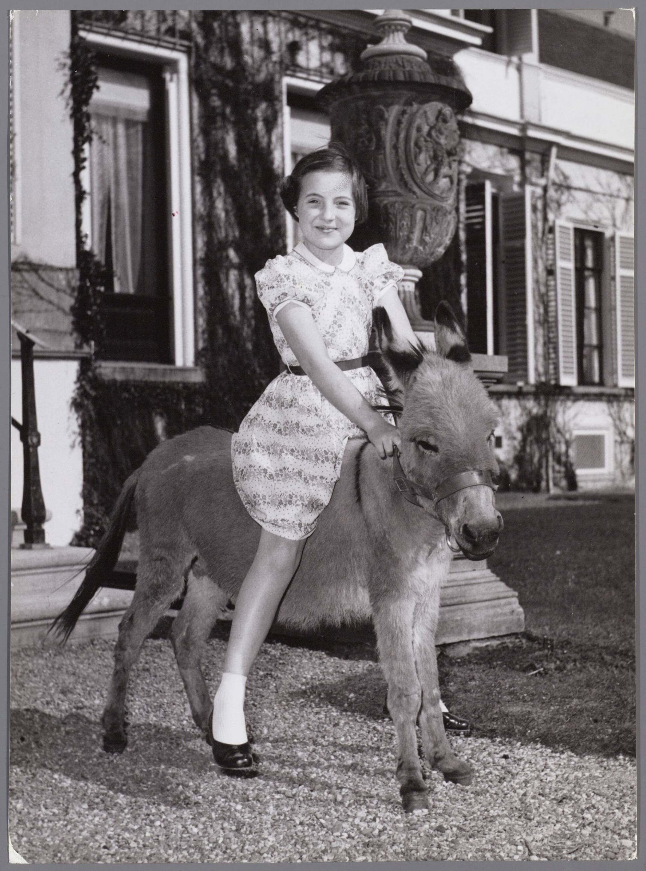 Fotocollectie RVD / Koninklijk Huis — Prinses Margriet met een ezel bij Paleis Soestdijk — Foto: Reijken, Tiemen van der / RVD. Licentie: Set B: Rechtenvrij / Publiek Domein. Bron: Nationaal Archief. http://hdl.handle.net/10648/afae64c6-d0b4-102d-bcf8-003048976d84