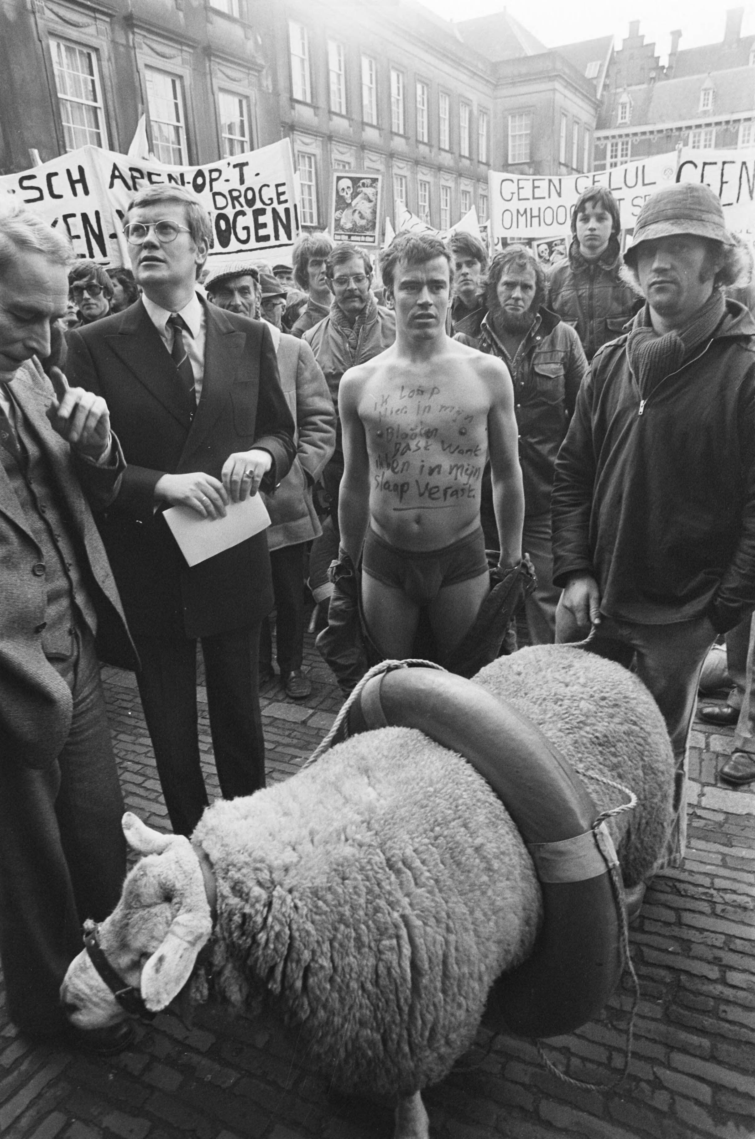 Fotocollectie Anefo — Bewoners Texel demonstreren in Den Haag voor verhoging dijken; Wiegel bij man met ontbloot bovenlijf en schaap m zwemvest — Foto: Mieremet, Rob / Anefo. Licentie: Set B: Rechtenvrij / Publiek Domein. Bron: Nationaal Archief. http://hdl.handle.net/10648/ac7be440-d0b4-102d-bcf8-003048976d84