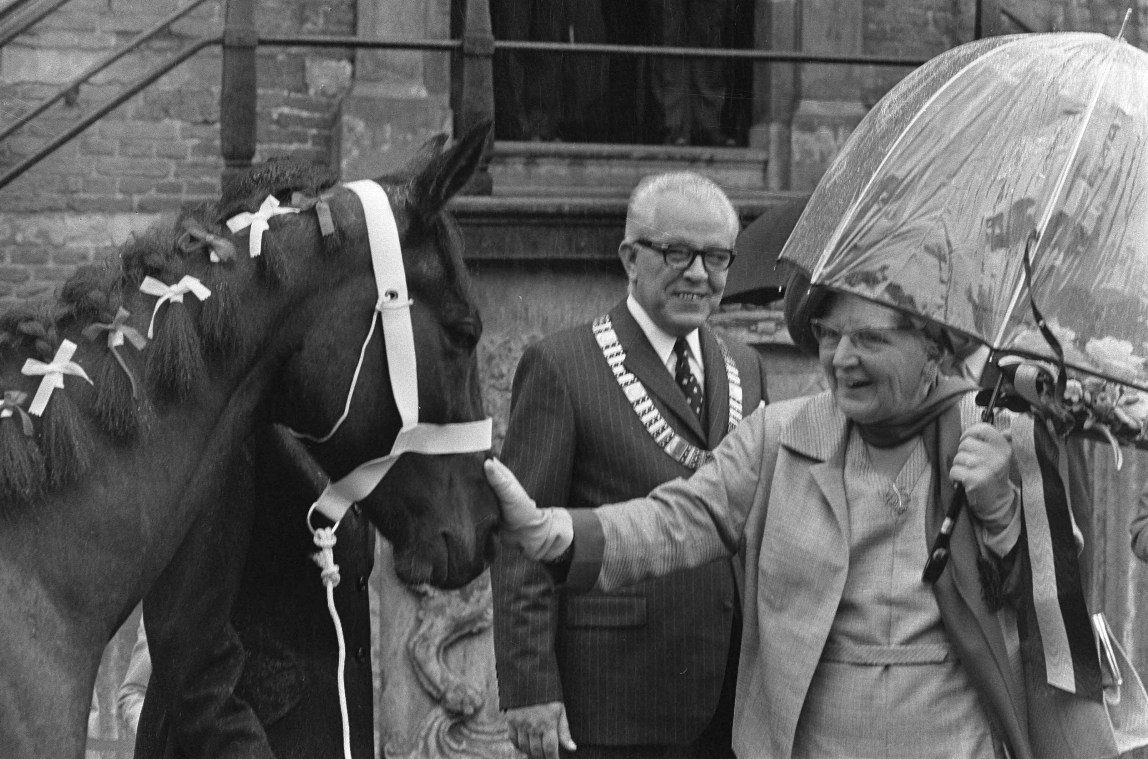 Koningin Juliana tijdens een werkbezoek aan de provincie Utrecht — Koningin Juliana in gezelschap van de burgemeester van IJsselstein, J.G.C.J. Timmermans tijdens begroeting van een paard van de IJsselsteinse zeskampploeg — Foto: Fotograaf Onbekend / Anefo. Licentie: Set B: Rechtenvrij / Publiek Domein. Bron: Nationaal Archief. http://hdl.handle.net/10648/abeb07d6-d0b4-102d-bcf8-003048976d84