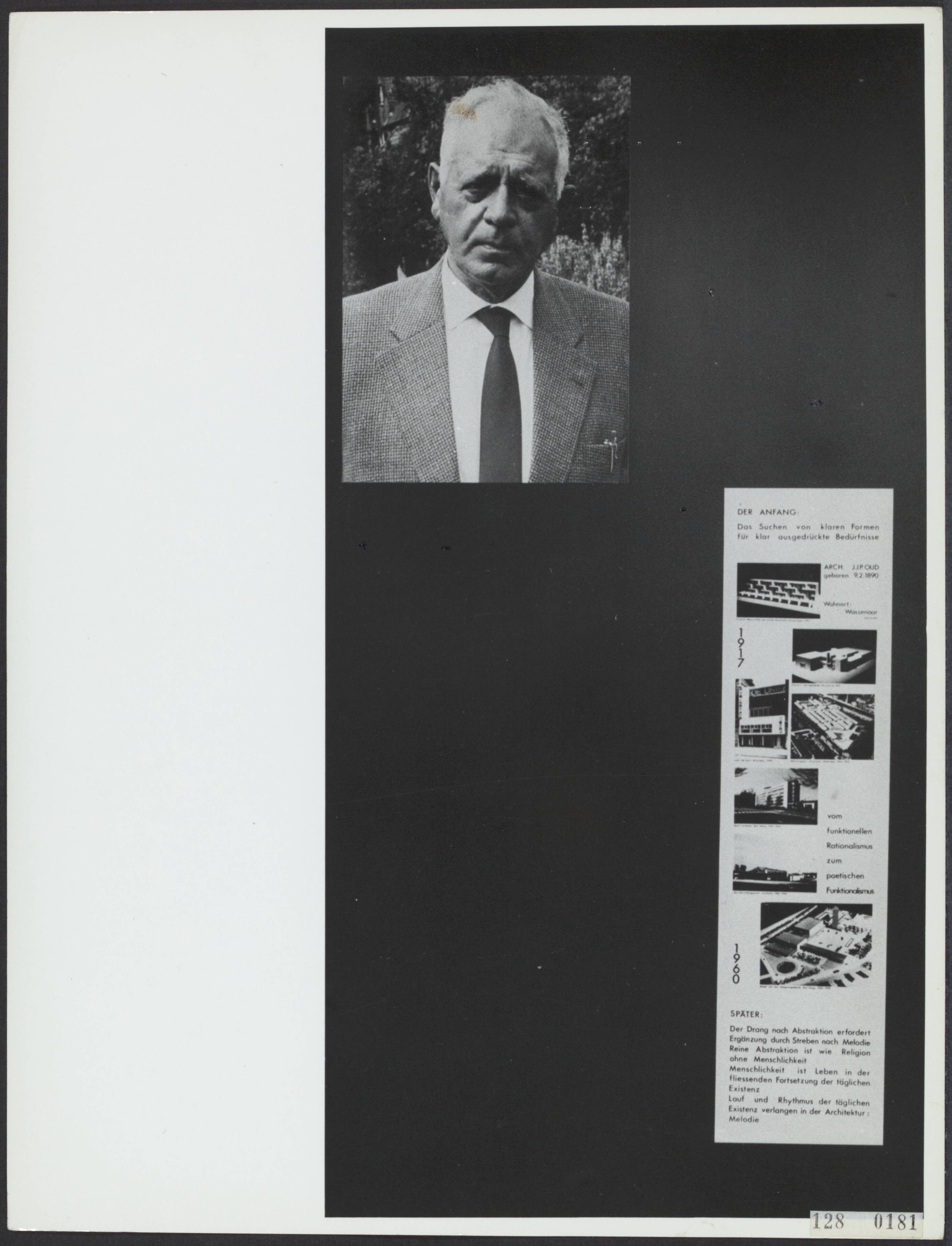 Bezienswaardigheden, tentoonstelling architectuur — Arch. J.J.P. Oud (geb. 9-2-1890, overl. 5-4-1963) [Paneel met linksboven portretfoto, rechtsonder foto's van gebouwen 1917-1960, met Duitse tekst] — Foto: Fotodienst Gemeente Den Haag. Licentie: Set B: Rechtenvrij / Publiek Domein. Bron: Nationaal Archief. http://hdl.handle.net/10648/af424746-d0b4-102d-bcf8-003048976d84