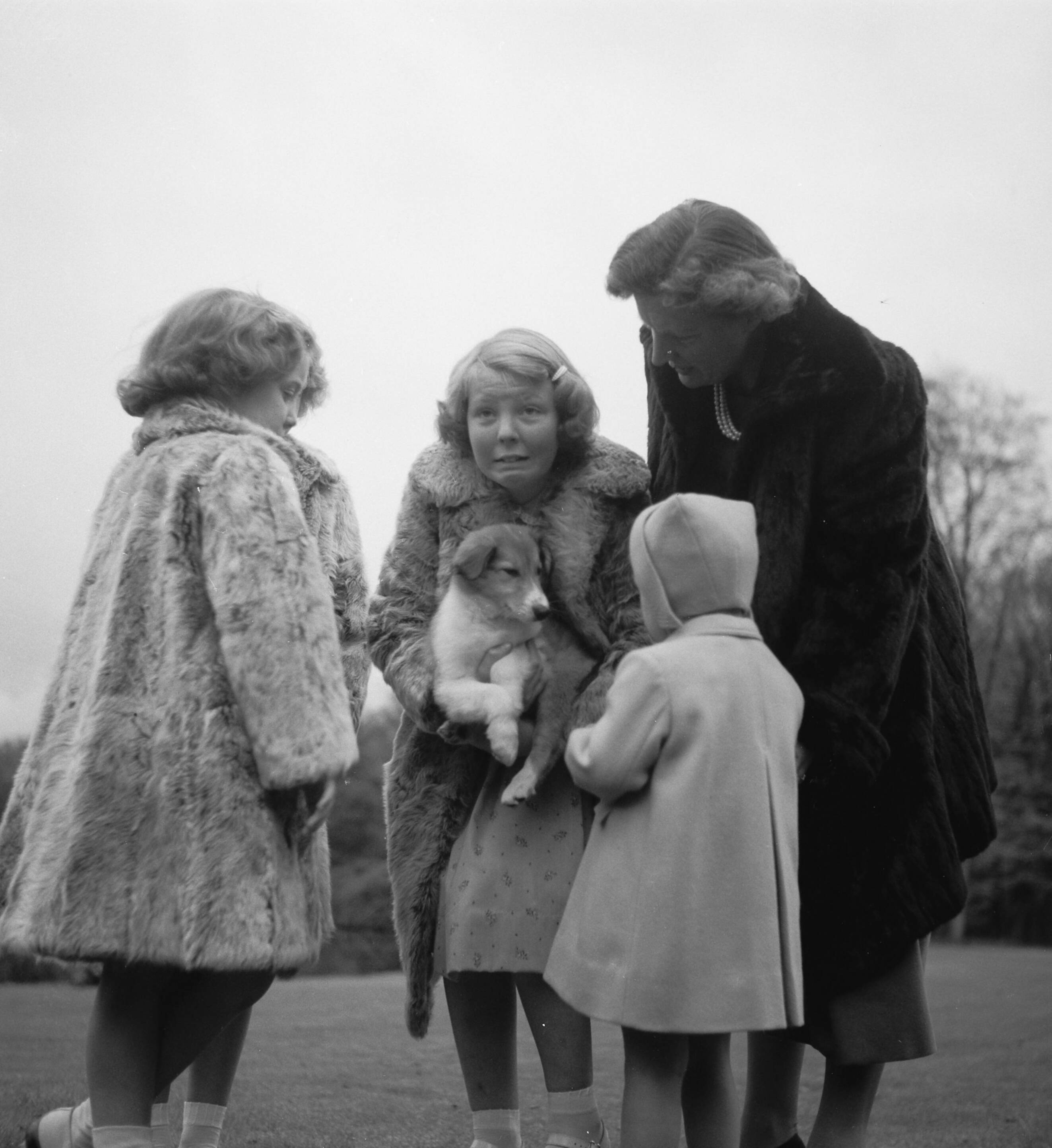 Reportage Koninklijk gezin op paleis Soestdijk — Koninklijk gezin op Soestdijk. Prinses Beatrix houdt een hondje vast. Bij haar staan prinses Margriet en prinses Marijke (Christina), koningin Juliana en deels zichtbaar prinses Irene — Foto: Noske, J.D. / Anefo. Licentie: Set B: Rechtenvrij / Publiek Domein. Bron: Nationaal Archief. http://hdl.handle.net/10648/a8e1afa4-d0b4-102d-bcf8-003048976d84