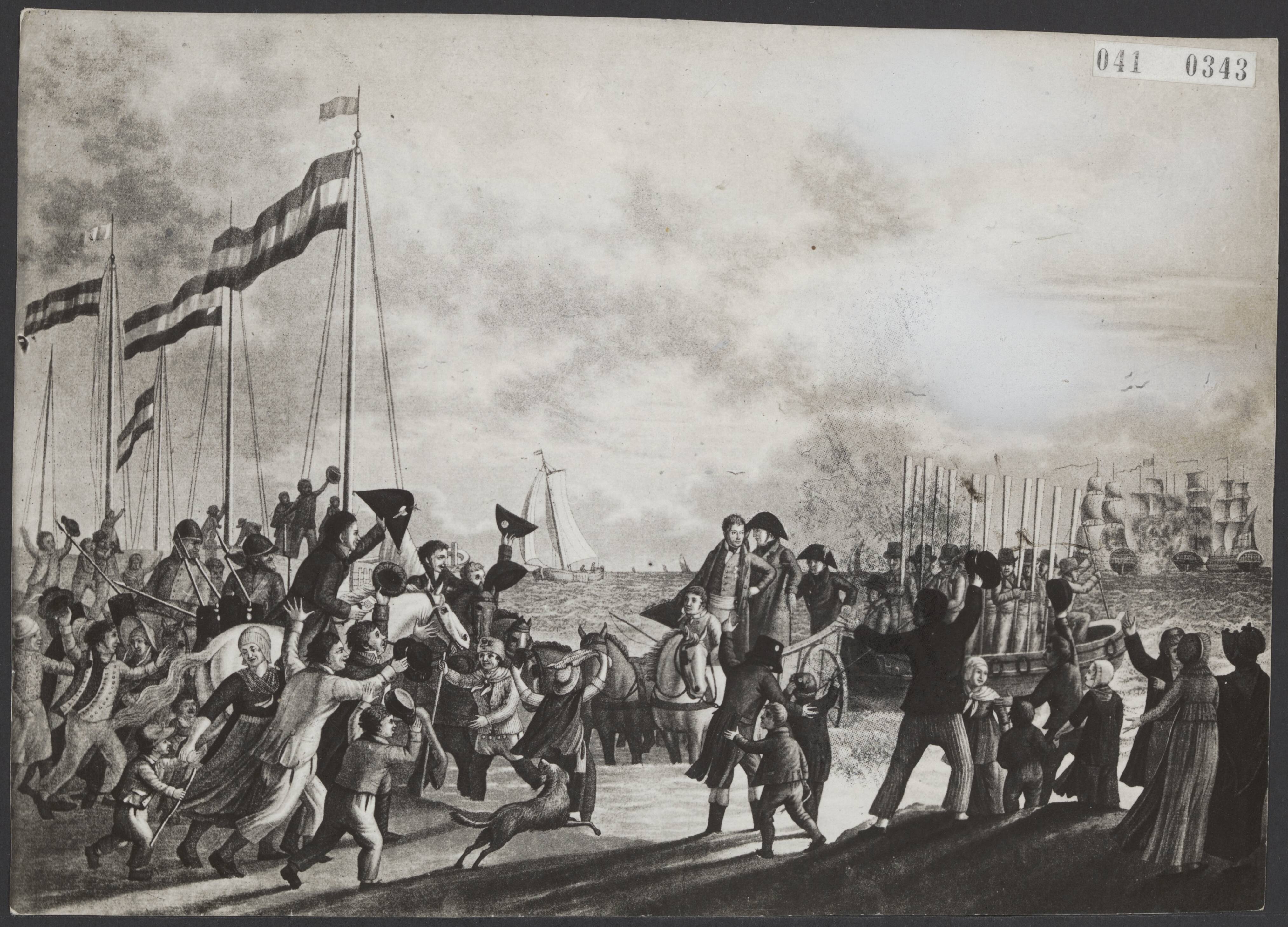 Fotocollectie Elsevier Binnenland — Prent van de aankomst van Willem Frederik, Prins van Oranje op 30 november 1813 aan het strand te Scheveningen, vanuit Engeland — Foto: Onbekend / Publiek Domein of Rechtenvrij. Licentie: Set B: Rechtenvrij / Publiek Domein. Bron: Nationaal Archief. http://hdl.handle.net/10648/adf65224-d0b4-102d-bcf8-003048976d84