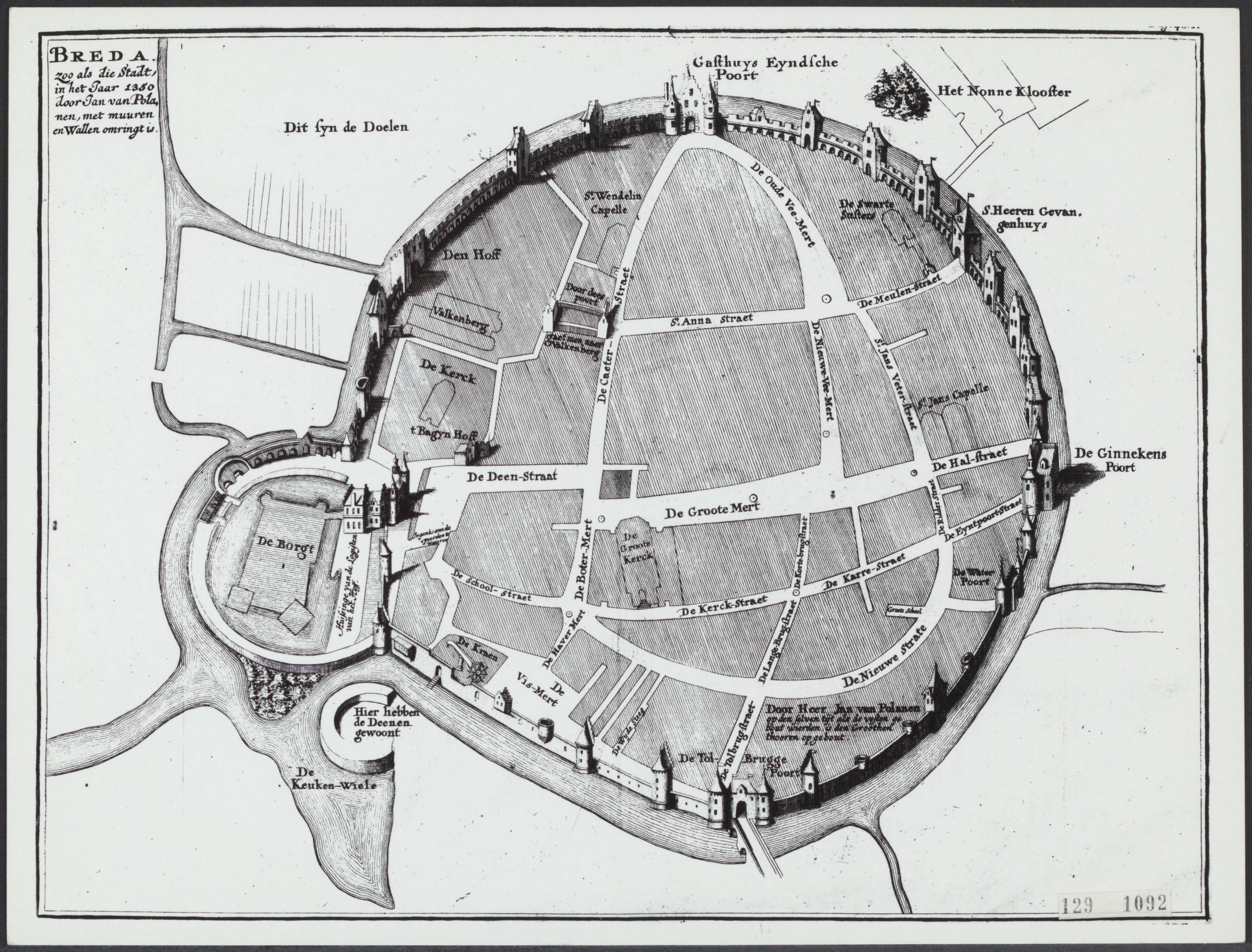 Fotocollectie Rijksvoorlichtingsdienst Eigen — Breda, zoals die stad in het jaar 1350 door Jan van Polanen met muren en wallen omringd is — Foto: Rijksvoorlichtingsdienst (RVD). Licentie: Set B: Rechtenvrij / Publiek Domein. Bron: Nationaal Archief. http://hdl.handle.net/10648/af48a67c-d0b4-102d-bcf8-003048976d84