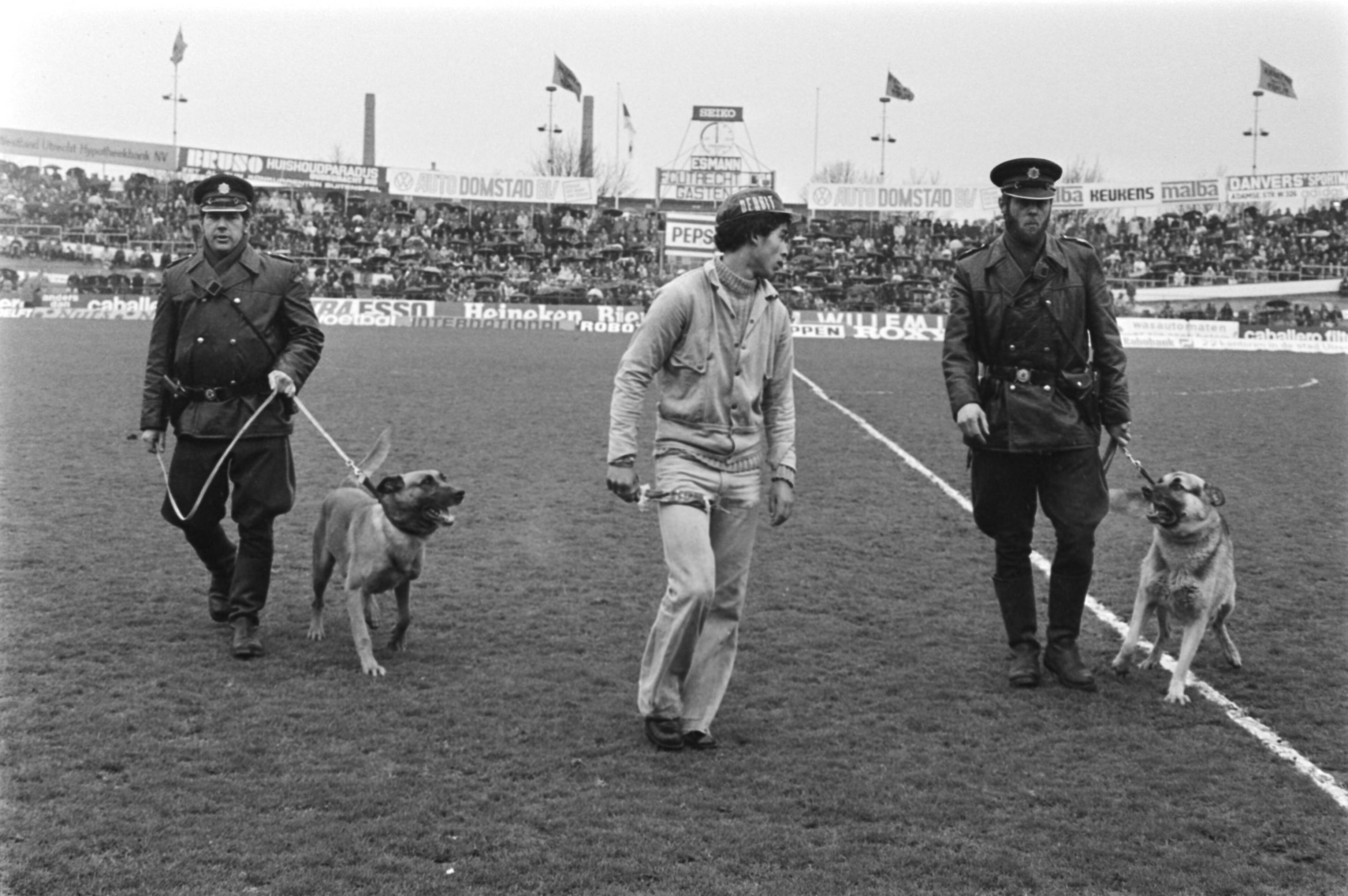 FC Utrecht - Ajax 0-2 — Politie-agenten met honden begeleiden roerige supporters van het veld — Foto: Peters, Hans / Anefo. Licentie: Set B: Rechtenvrij / Publiek Domein. Bron: Nationaal Archief. http://hdl.handle.net/10648/ac98fbf2-d0b4-102d-bcf8-003048976d84