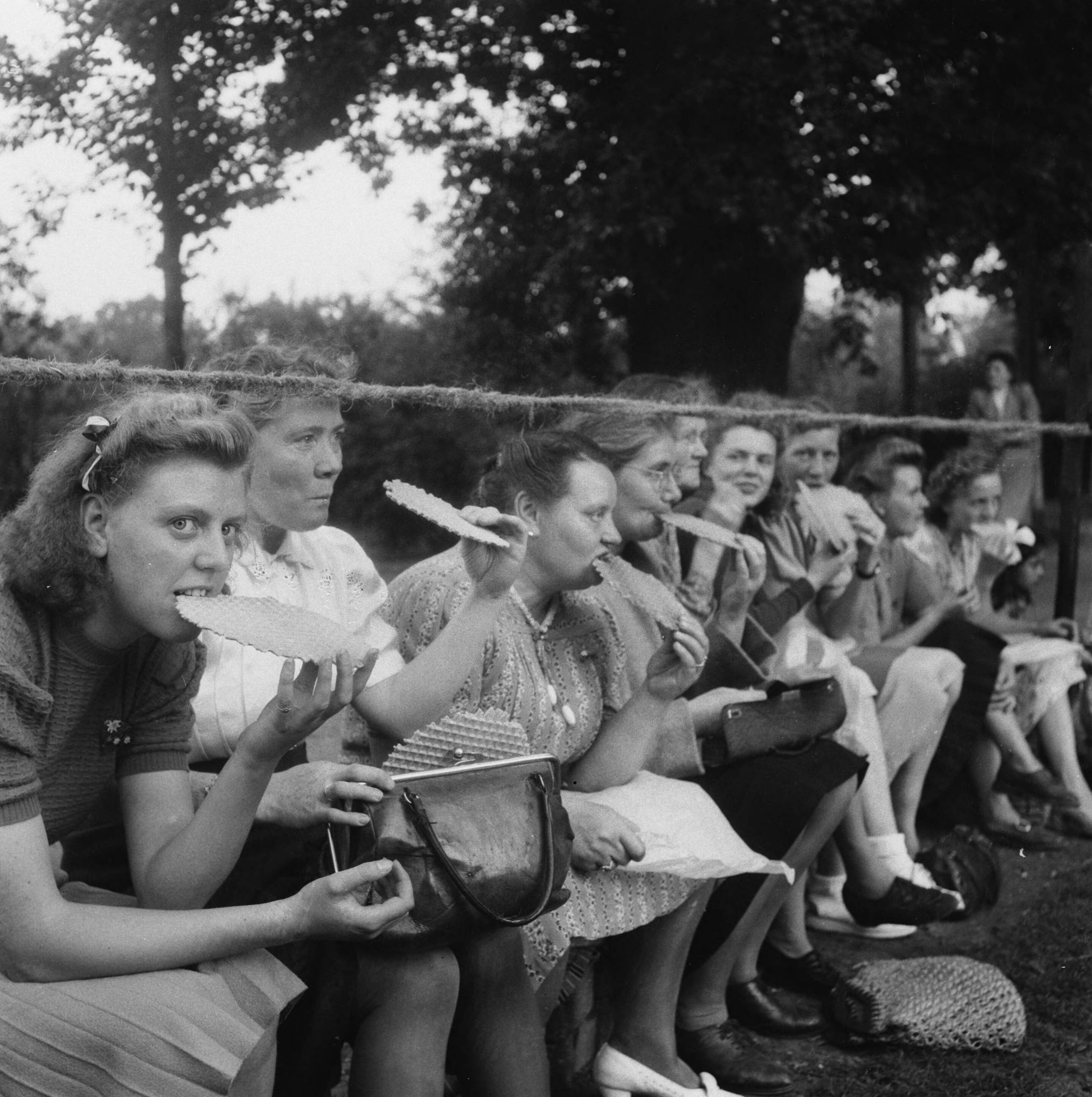 Troonsafstand koningin Wilhelmina / Inhuldiging van koningin Juliana — Inhuldiging koningin Juliana. Koninklijk gezin weer thuis op paleis Soestdijk. Inwoners van Baarn nestelden zich, in afwachting van de aankomst van het koninklijk paar, reeds vroeg bij de hekken van het paleis — Foto: Fotograaf Onbekend / Anefo. Licentie: Set B: Rechtenvrij / Publiek Domein. Bron: Nationaal Archief. http://hdl.handle.net/10648/ac04a20e-d0b4-102d-bcf8-003048976d84