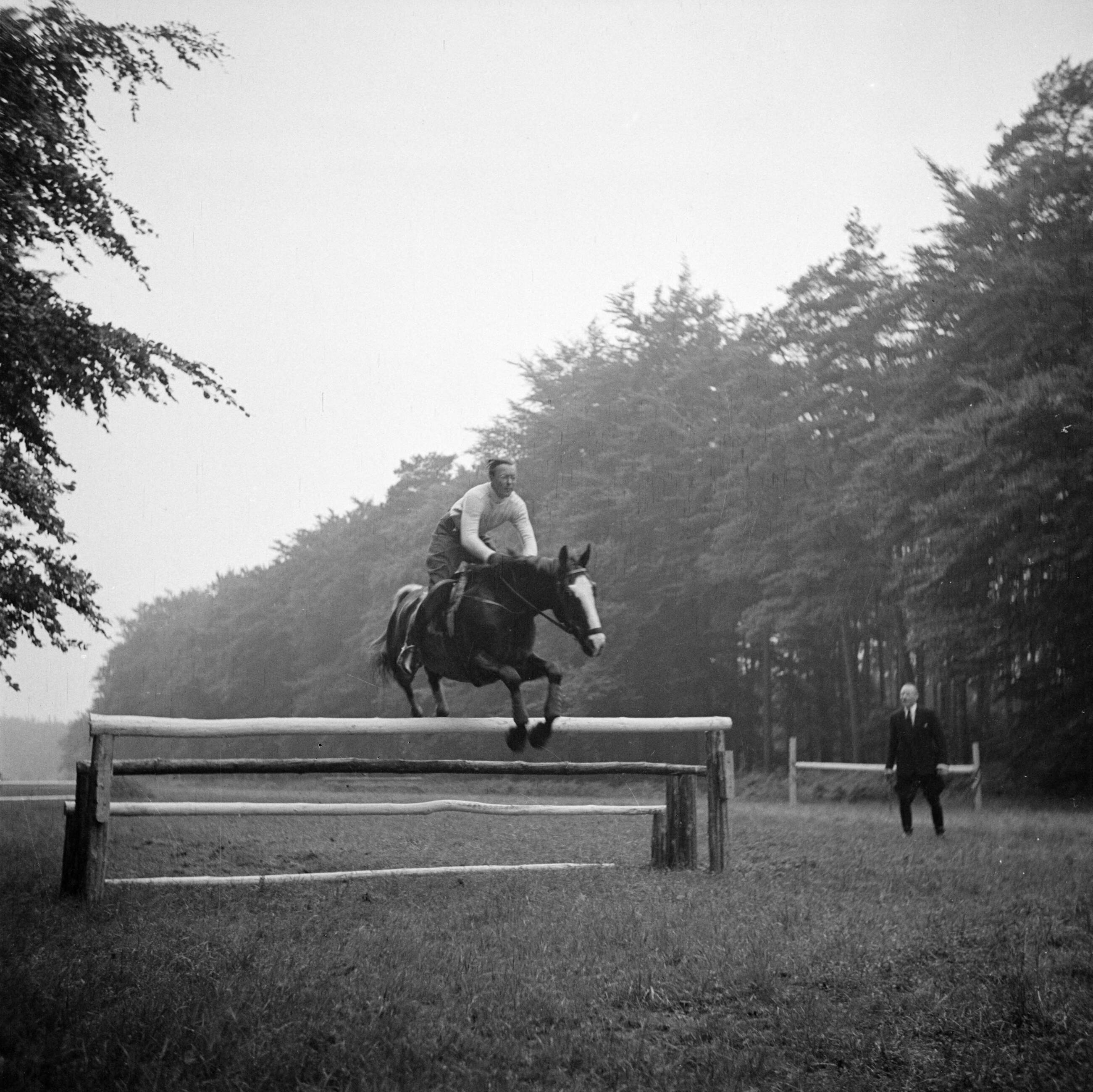 De koninklijke familie op Soestdijk — Prins Bernhard springt met zijn paard over een hindernis in het park van het paleis — Foto: Poll, Willem van de. Licentie: Set B: Rechtenvrij / Publiek Domein. Bron: Nationaal Archief. http://hdl.handle.net/10648/aee96932-d0b4-102d-bcf8-003048976d84