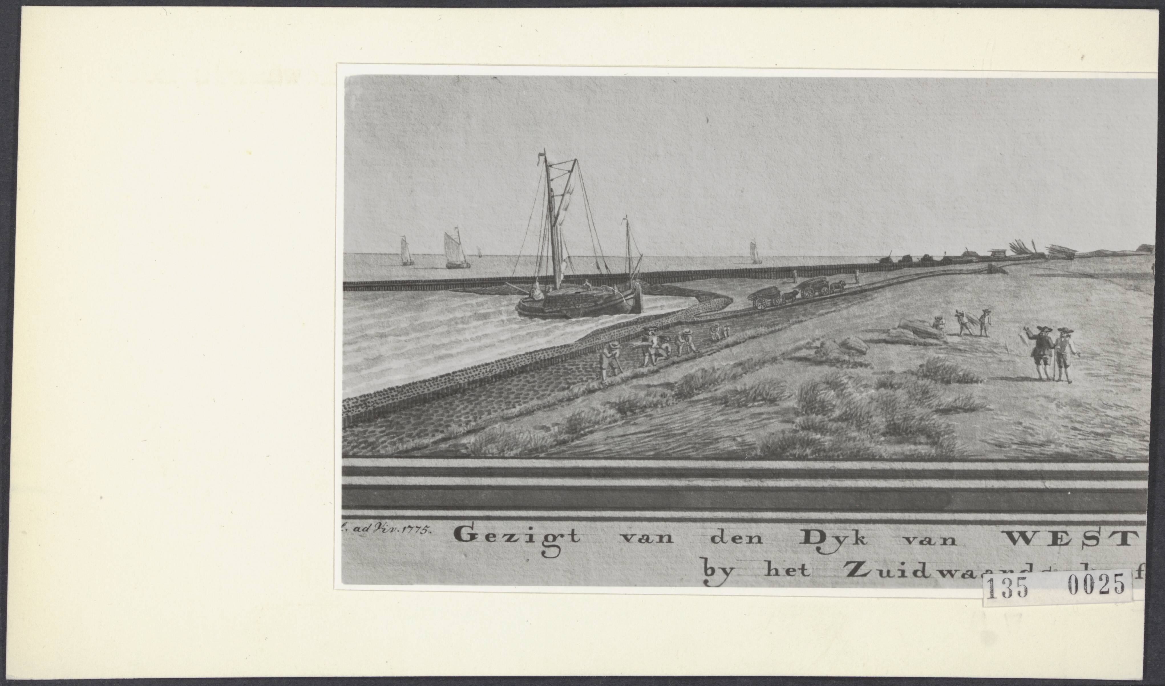 Fotocollectie Rijksvoorlichtingsdienst Eigen — Tekening van J. Arends met zicht op de dijk bij Westkapelle bij het Zuiderhoofd. Dijkwerkers zijn doende met rijswerken aan de beschoeiing van de dijk; een schip met rijshout wordt gelost — Foto: Rijksvoorlichtingsdienst (RVD). Licentie: Set B: Rechtenvrij / Publiek Domein. Bron: Nationaal Archief. http://hdl.handle.net/10648/af5f8ce8-d0b4-102d-bcf8-003048976d84