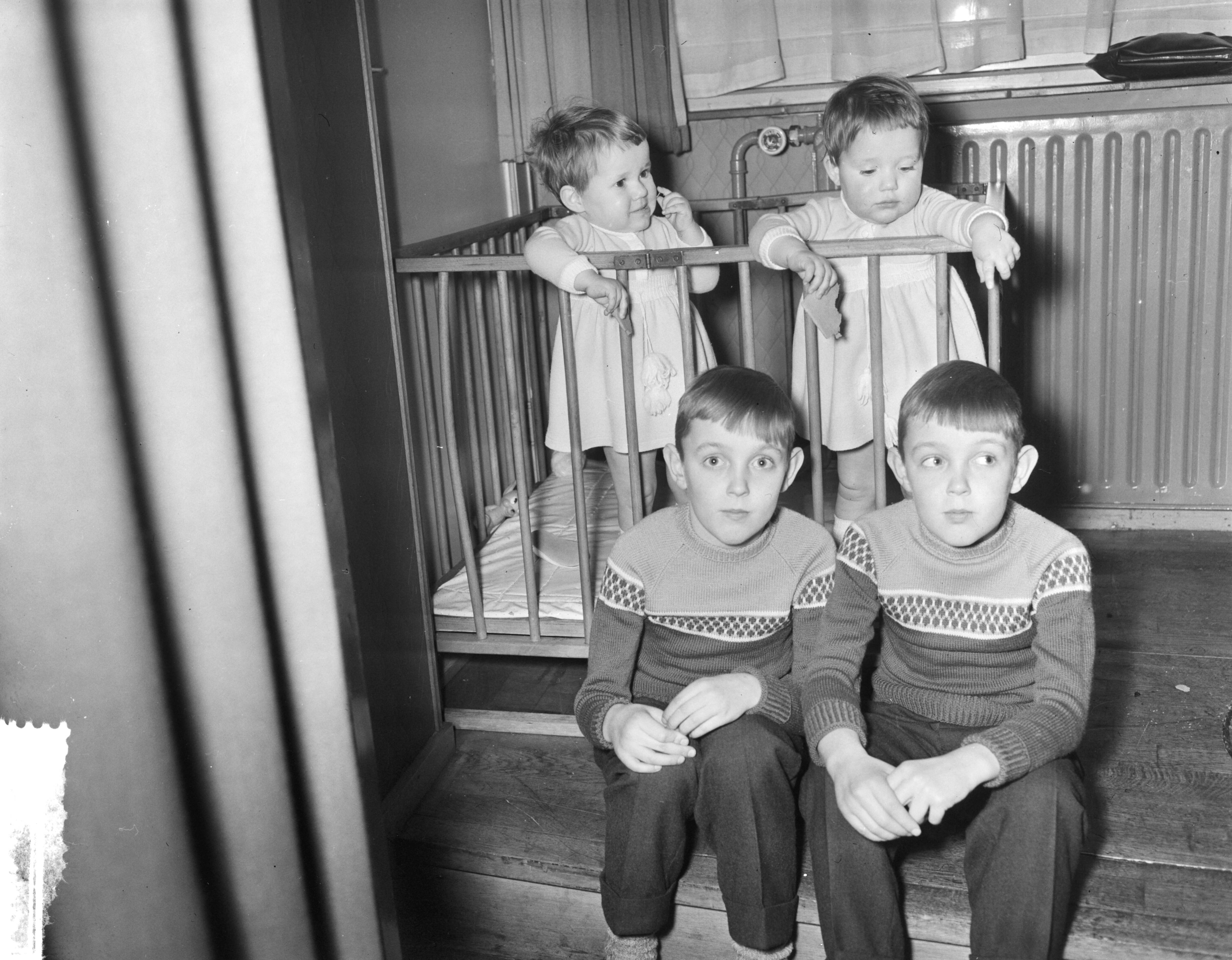 Fotocollectie Anefo — Oprichting van de Nederlandse Vereniging van Tweelingen in Utrecht, Liesbeth en Angelie Akkerman in de box (1,5 jaar), Dick en Harry Littink (10 jaar) voor de box — Foto: Bilsen, Joop van / Anefo. Licentie: Set B: Rechtenvrij / Publiek Domein. Bron: Nationaal Archief. http://hdl.handle.net/10648/a98c99dc-d0b4-102d-bcf8-003048976d84