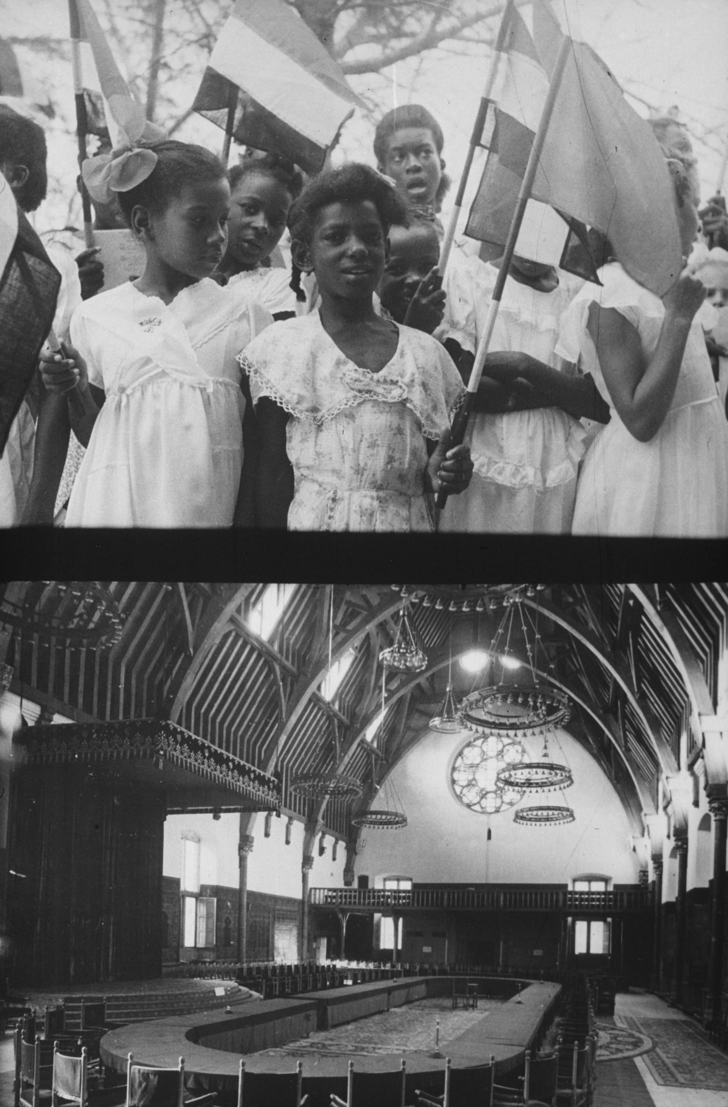 Fotocollectie Van de Poll — Twee foto's. Surinaamse kinderen met vlaggen\Het interieur van de Ridderzaal op het Binnenhof te Den Haag — Foto: Poll, Willem van de. Licentie: Set B: Rechtenvrij / Publiek Domein. Bron: Nationaal Archief. http://hdl.handle.net/10648/aef2784c-d0b4-102d-bcf8-003048976d84