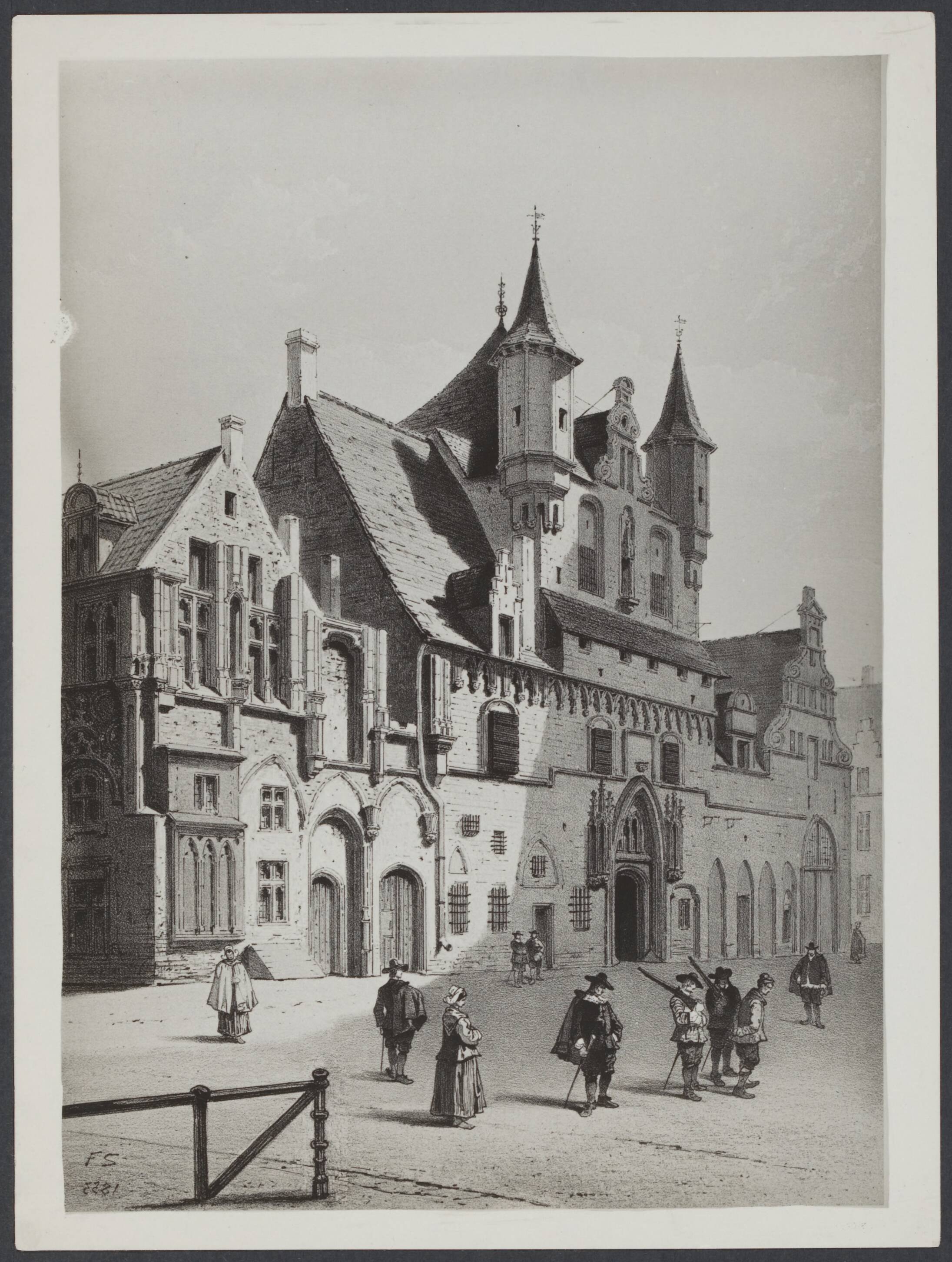 Mechelen — Mechelen. Oostwand van de Grote Markt met het Paleis van de Grote Raad (links), het belfort en de lakenhal. Prent van voor de restauratie in 1900 e.v. jaren — Foto: Onbekend / Publiek Domein of Rechtenvrij. Licentie: Set B: Rechtenvrij / Publiek Domein. Bron: Nationaal Archief. http://hdl.handle.net/10648/3c6ca9fd-965e-6235-518f-acbede1eb12f
