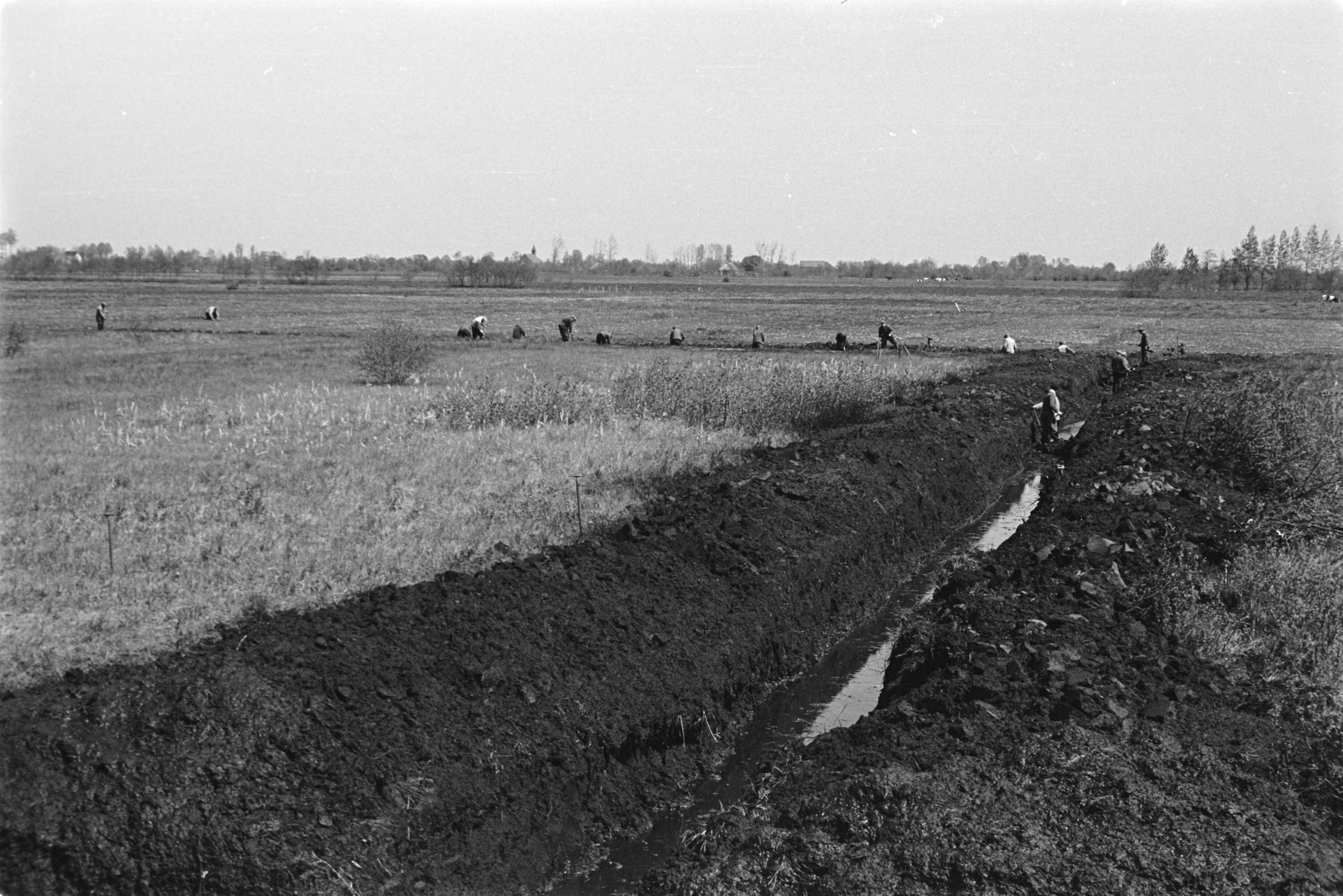 Fotocollectie Nederlandse Heidemaatschappij — Groningen. Ruilverkaveling "Lucasvolde". Te graven ontwateringssloot in onontgonnen gebied — Foto: Fotograaf Onbekend / Heidemij. Licentie: Set B: Rechtenvrij / Publiek Domein. Bron: Nationaal Archief. http://hdl.handle.net/10648/ae88f12e-d0b4-102d-bcf8-003048976d84