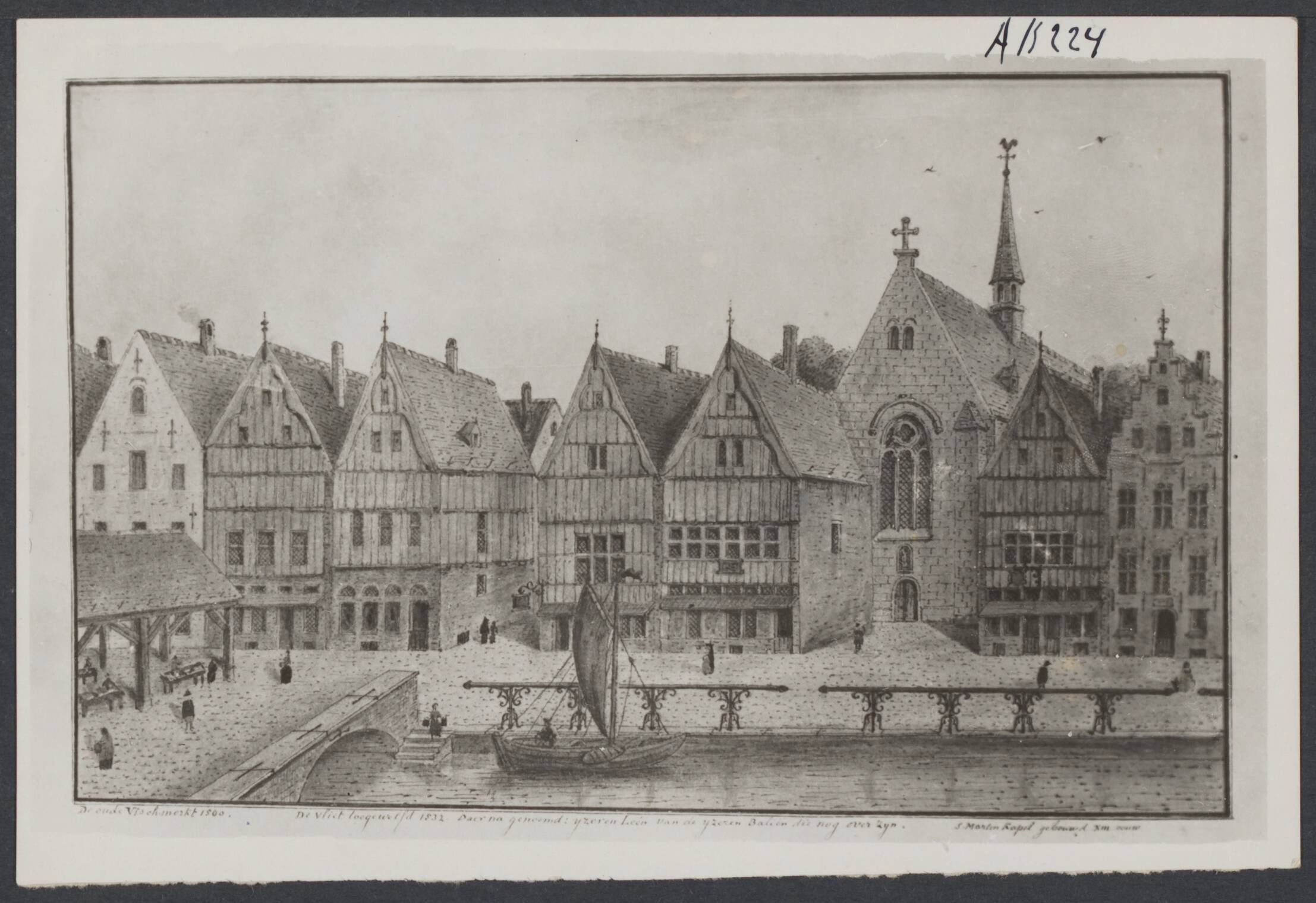 Mechelen — Mechelen. Tekening van P.J. de Noter - begin19de eeuw - van de Vismarkt, thans IJzerenleen: gefantaseerde situatie omstreeks 1500 — Foto: Onbekend / Publiek Domein of Rechtenvrij. Licentie: Set B: Rechtenvrij / Publiek Domein. Bron: Nationaal Archief. http://hdl.handle.net/10648/33ab930d-1b93-a87d-9dc9-28bc0b8abf07