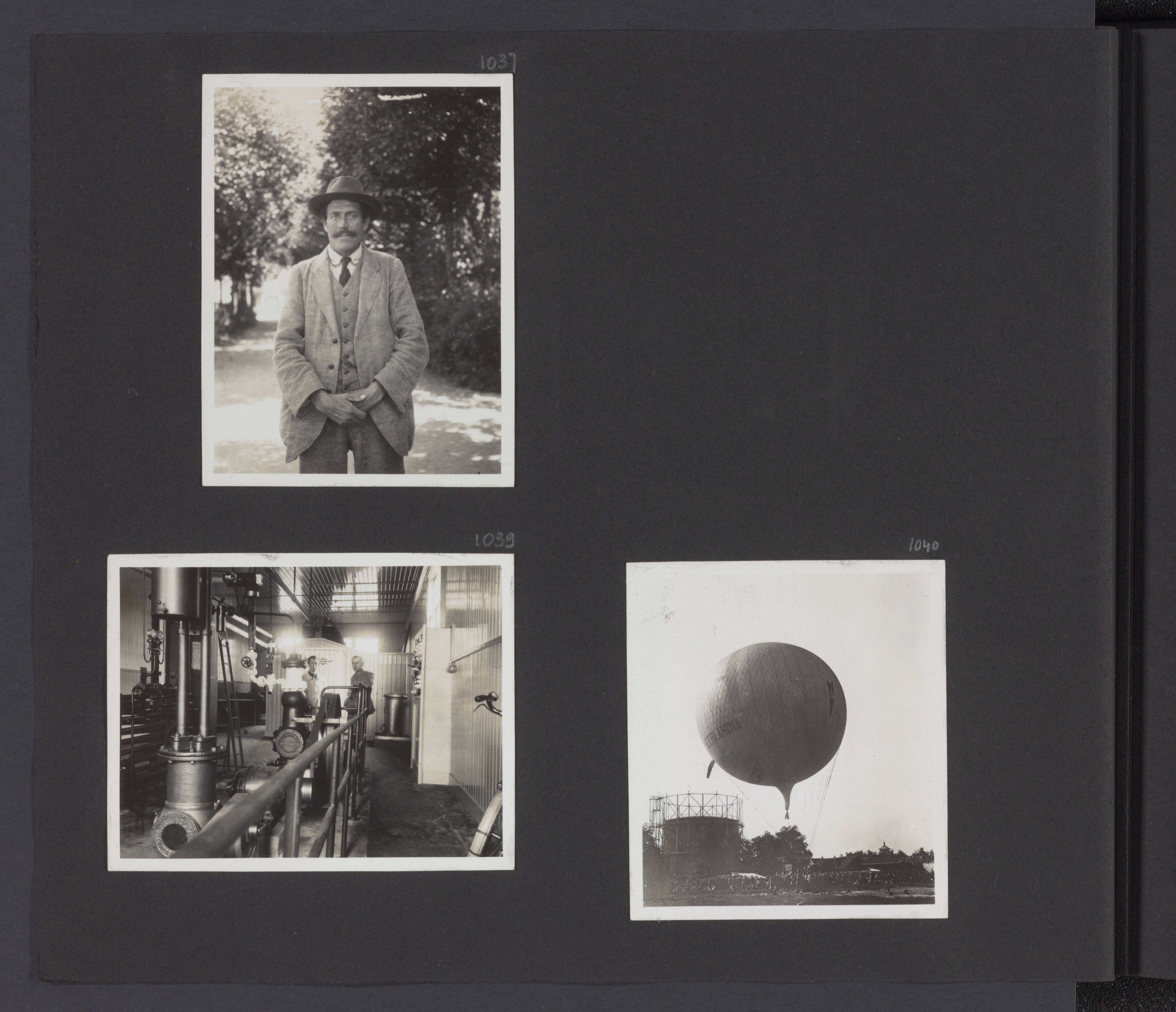 Fotoalbum Visser: Skandinavië, Zwitserland, Nederland, India — Albumblad met drie foto's. Linksboven: Franz Lochmatter in Chamonix; linksonder: het laboratorium in Soesterberg; rechtsonder: een luchtballon in Soesterberg — Foto: Onbekend / Publiek Domein of Rechtenvrij. Licentie: Set B: Rechtenvrij / Publiek Domein. Bron: Nationaal Archief. http://hdl.handle.net/10648/db1b5629-11c8-4f2b-a444-3259e0910453