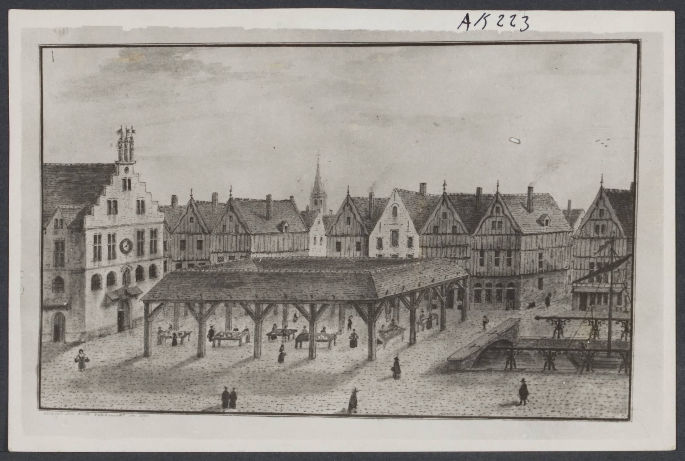 Mechelen — Mechelen. Tekening van P.J. de Noter uit begin 19de eeuw van de Vismarkt, thans IJzerenleen met overdekte visbanken en links het Vleeshuis: gefantaseerde situatie omstreeks 1500 — Foto: Onbekend / Publiek Domein of Rechtenvrij. Licentie: Set B: Rechtenvrij / Publiek Domein. Bron: Nationaal Archief. http://hdl.handle.net/10648/3c017235-2d82-6e4c-6e8f-2ba0f4483995