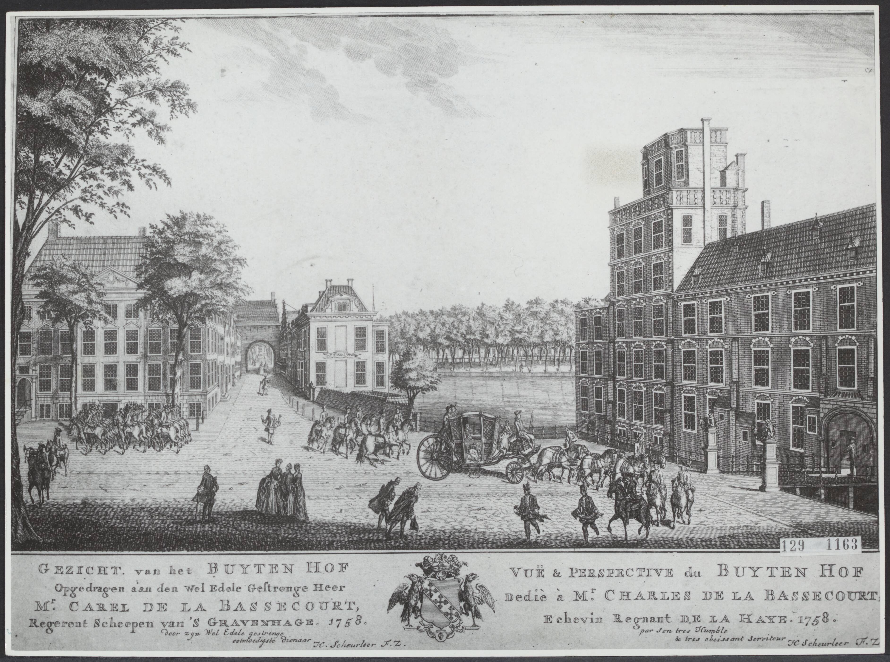Fotocollectie Rijksvoorlichtingsdienst Eigen — Den Haag. Buitenhof met Gevangenpoort en de Hofvijver. Gravure van H. Scheurleer Fz., 18de eeuw — Foto: Fotodienst Gemeente Den Haag. Licentie: Set B: Rechtenvrij / Publiek Domein. Bron: Nationaal Archief. http://hdl.handle.net/10648/af48dbd8-d0b4-102d-bcf8-003048976d84