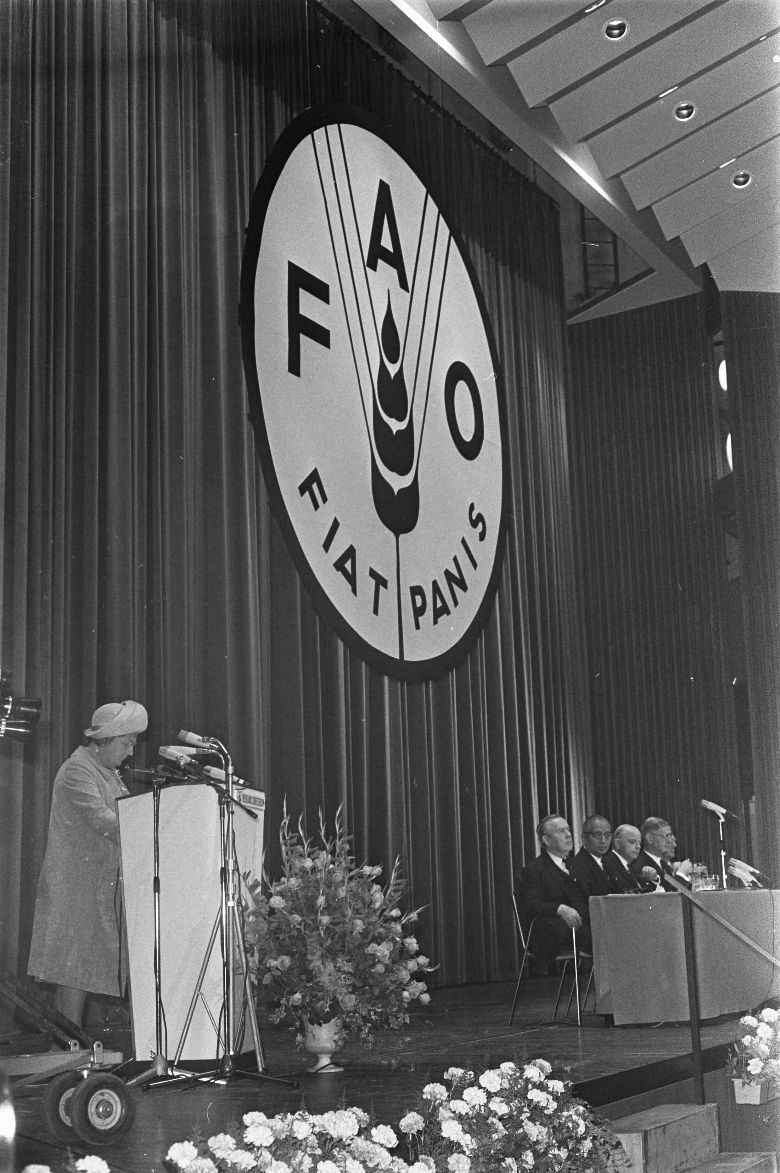 Fotocollectie Anefo — koningin Juliana opent 2e FAO-Wereldvoedselcongres in Congrescentrum, Den Haag ; koningin Juliana tijdens rede voor FAO-bord — Foto: Mieremet, Rob / Anefo. Licentie: Set B: Rechtenvrij / Publiek Domein. Bron: Nationaal Archief. http://hdl.handle.net/10648/ab99c182-d0b4-102d-bcf8-003048976d84