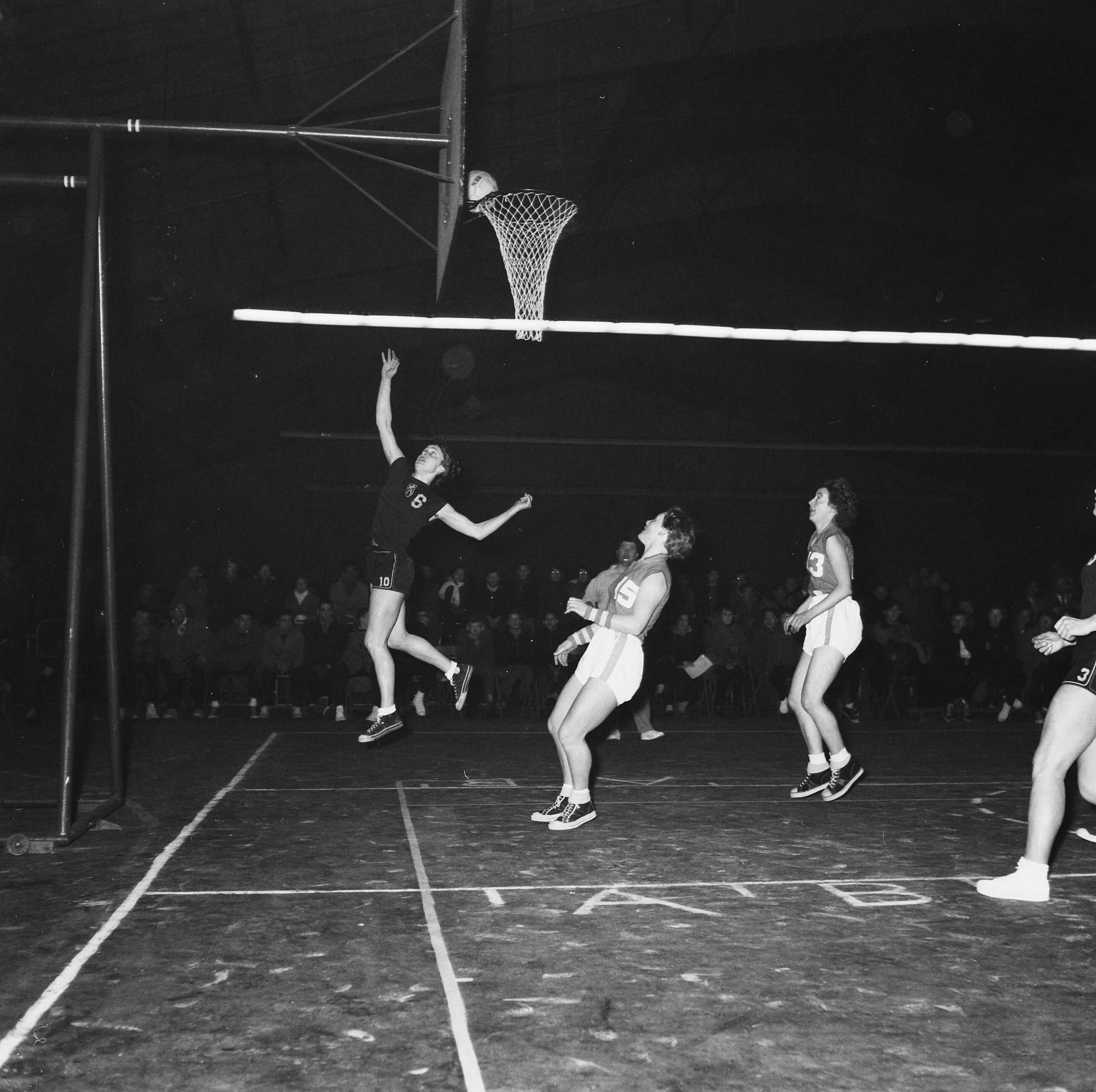 Fotocollectie Anefo — Basketbal landenwedstrijd Nederland tegen Belgie in Den Haag . Spelmomenten — Foto: Behrens, Herbert F. / Anefo. Licentie: Set B: Rechtenvrij / Publiek Domein. Bron: Nationaal Archief. http://hdl.handle.net/10648/ad772b20-d0b4-102d-bcf8-003048976d84