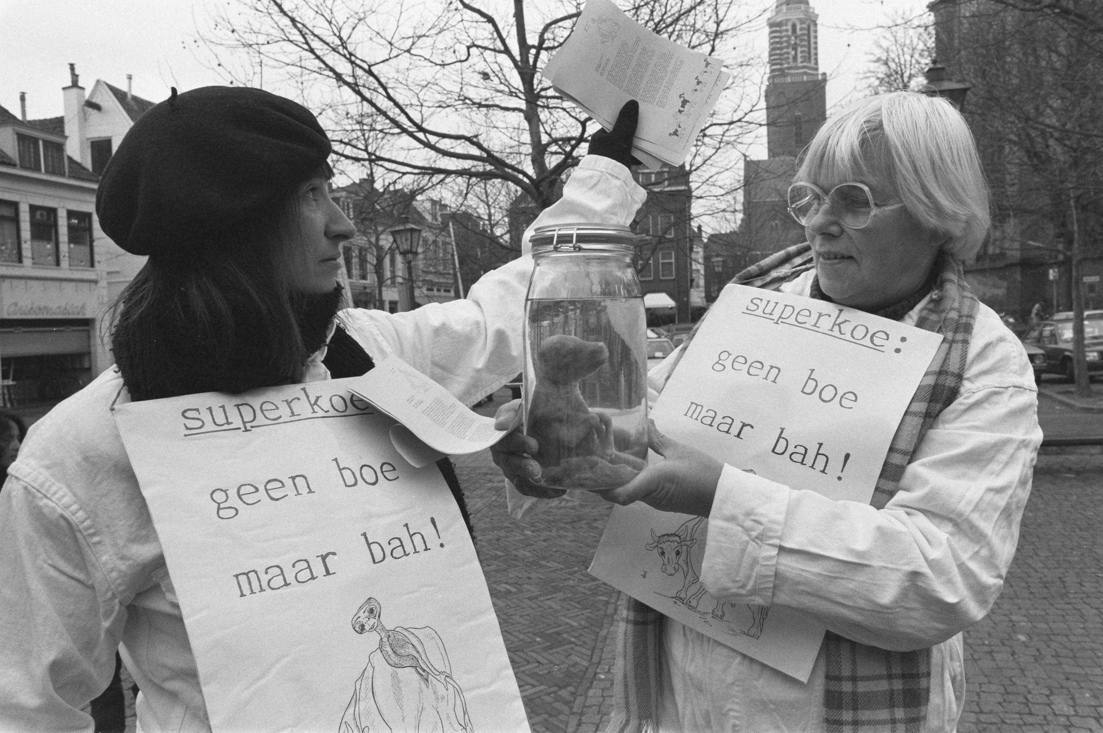 Fotocollectie Anefo — Protest tegen veiling runder-embryos door Lekker Dier Zwolle — Foto: Molendijk, Bart / Anefo. Licentie: Set B: Rechtenvrij / Publiek Domein. Bron: Nationaal Archief. http://hdl.handle.net/10648/ad6693e6-d0b4-102d-bcf8-003048976d84