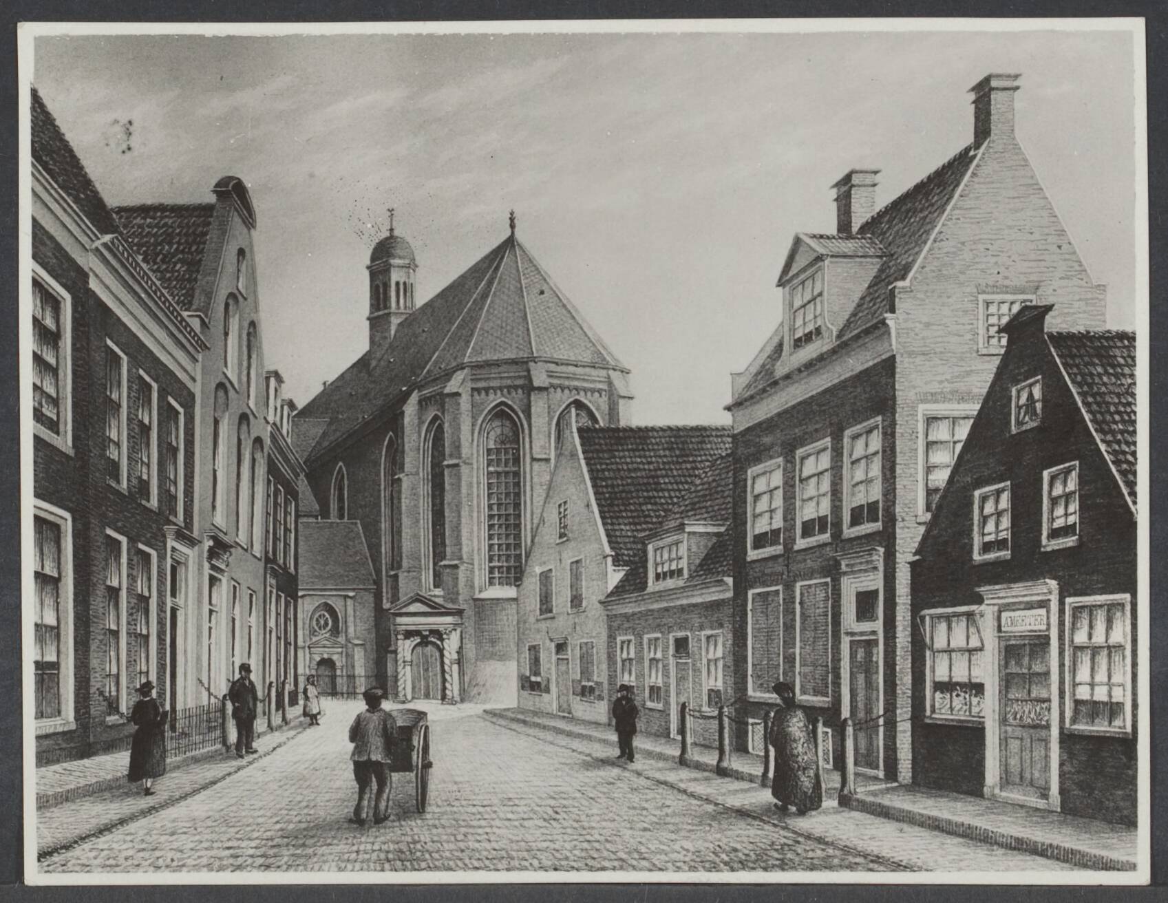 Leeuwarden (Ljouwert) VI - Gebouwen — Leeuwarden. Tekening van de Grote of Jacobijnerkerk gezien vanuit Bij de Put — Foto: Onbekend / Publiek Domein of Rechtenvrij. Licentie: Set B: Rechtenvrij / Publiek Domein. Bron: Nationaal Archief. http://hdl.handle.net/10648/0ba6ec8a-8fc2-14c1-0096-32784ba26c6b