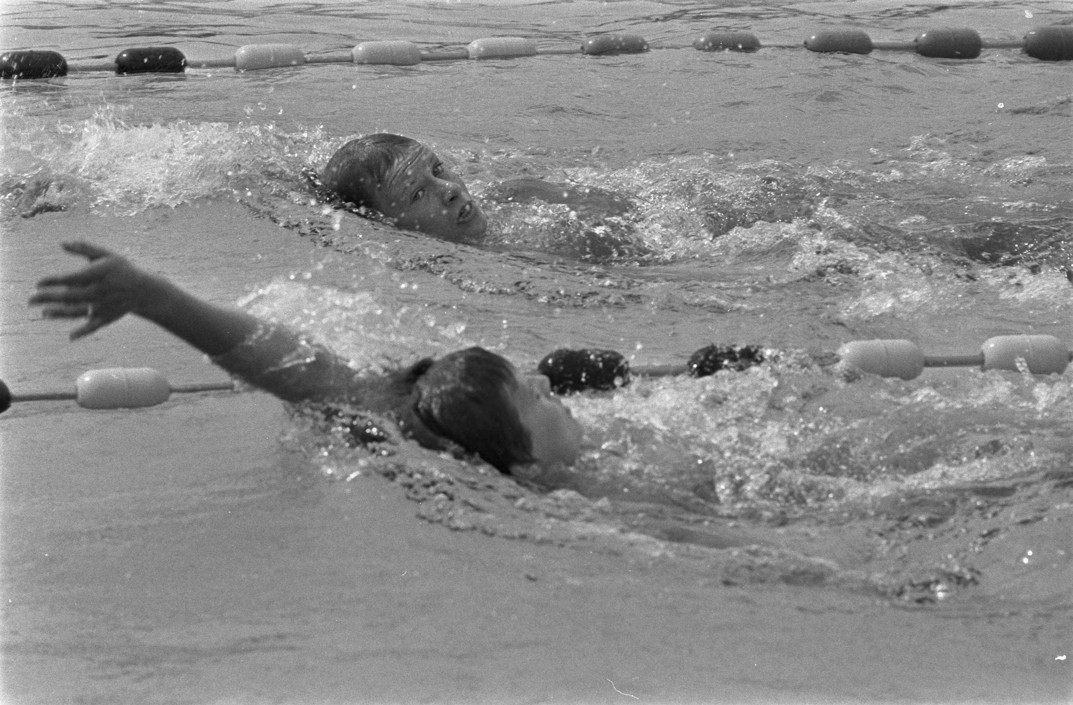Fotocollectie Anefo — Nationale zwemkampioenschappen zwemmen, Leeuwarden; Wilma van Beek (voorgrond) en Linda de Boer in aktie 400 meter wisselslag — Foto: Verhoeff, Bert / Anefo. Licentie: Set B: Rechtenvrij / Publiek Domein. Bron: Nationaal Archief. http://hdl.handle.net/10648/ab9d5004-d0b4-102d-bcf8-003048976d84