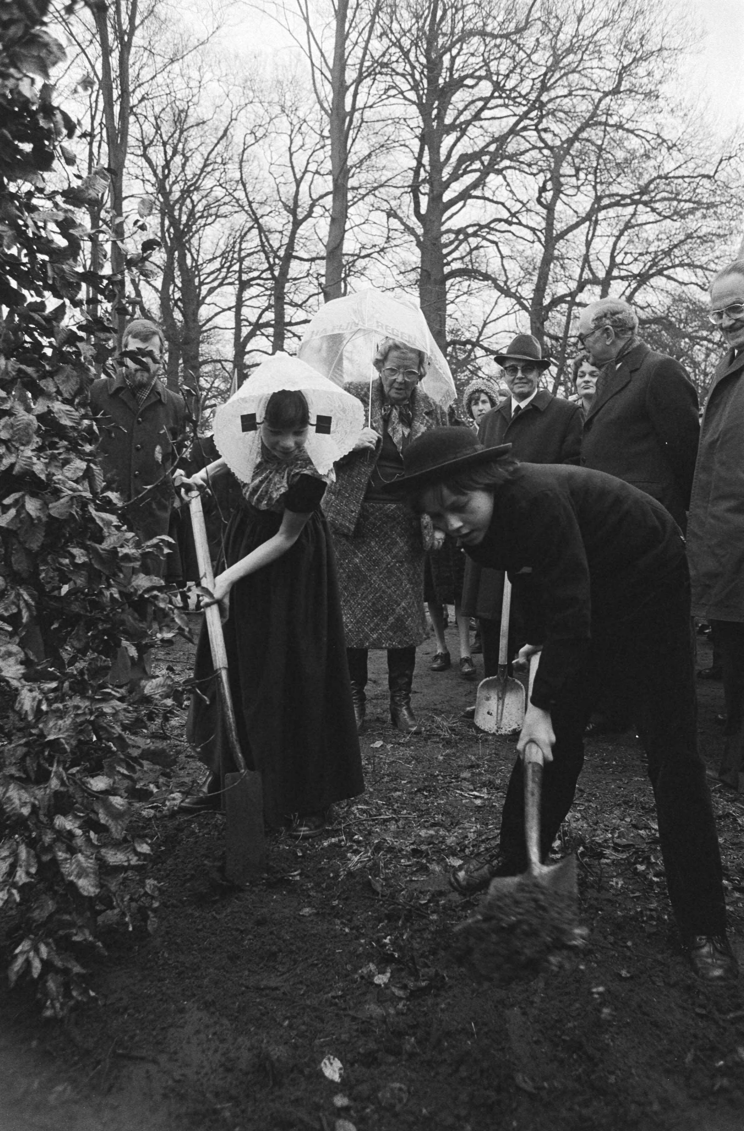 Nationale boomplantdag — koningin Juliana kijkt naar kinderen in Zeeuwse klederdracht die een boom planten — Foto: Suyk, Koen / Anefo. Licentie: Set B: Rechtenvrij / Publiek Domein. Bron: Nationaal Archief. http://hdl.handle.net/10648/acc6ae58-d0b4-102d-bcf8-003048976d84