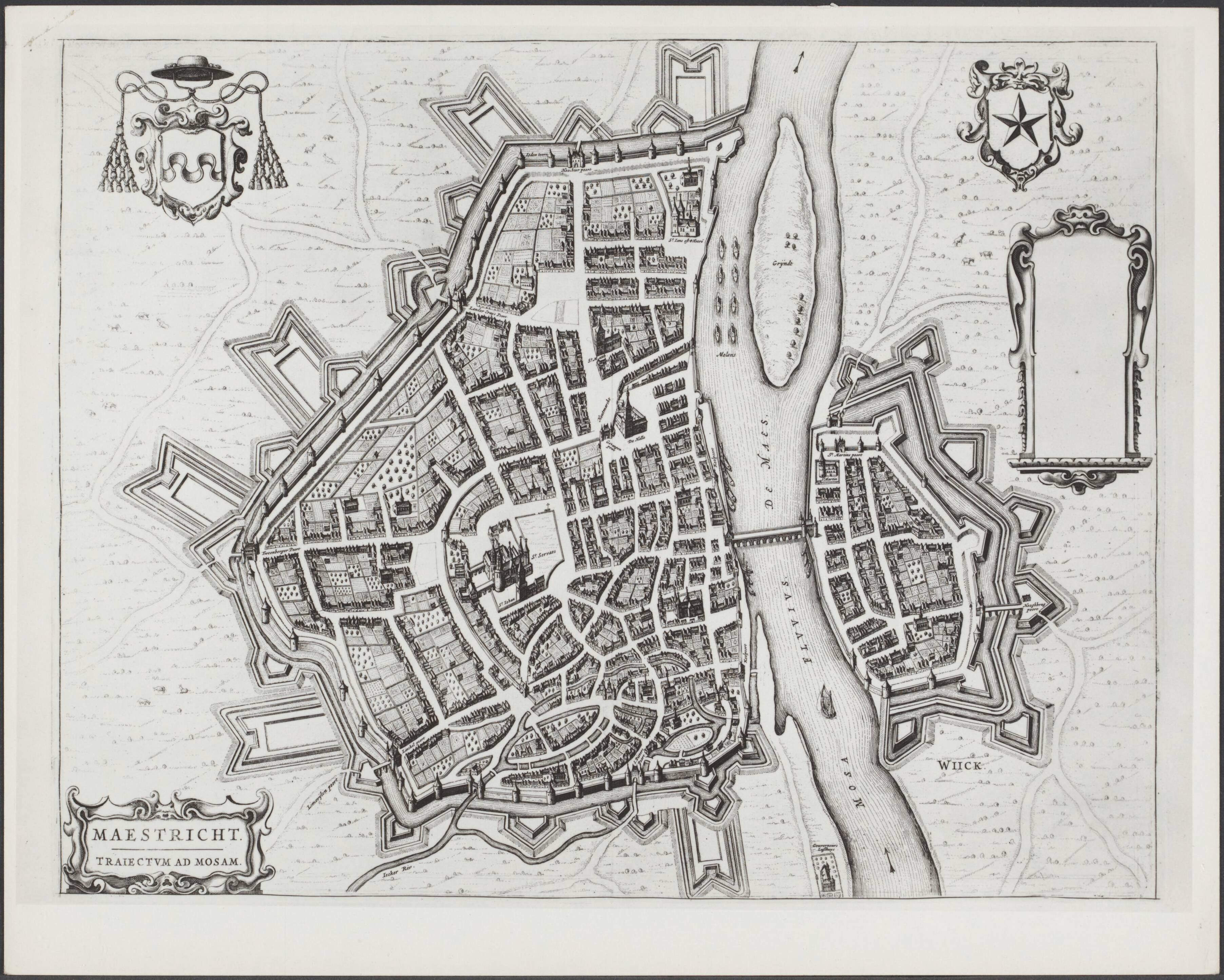 Maastricht I - Algemeen — Plattegrond "Maestricht, Trajectum ad Mosam" [17e eeuw?] — Foto: Onbekend / Publiek Domein of Rechtenvrij. Licentie: Set B: Rechtenvrij / Publiek Domein. Bron: Nationaal Archief. http://hdl.handle.net/10648/7f8fcda3-91a5-1ad9-a0f7-69a859edb5c0