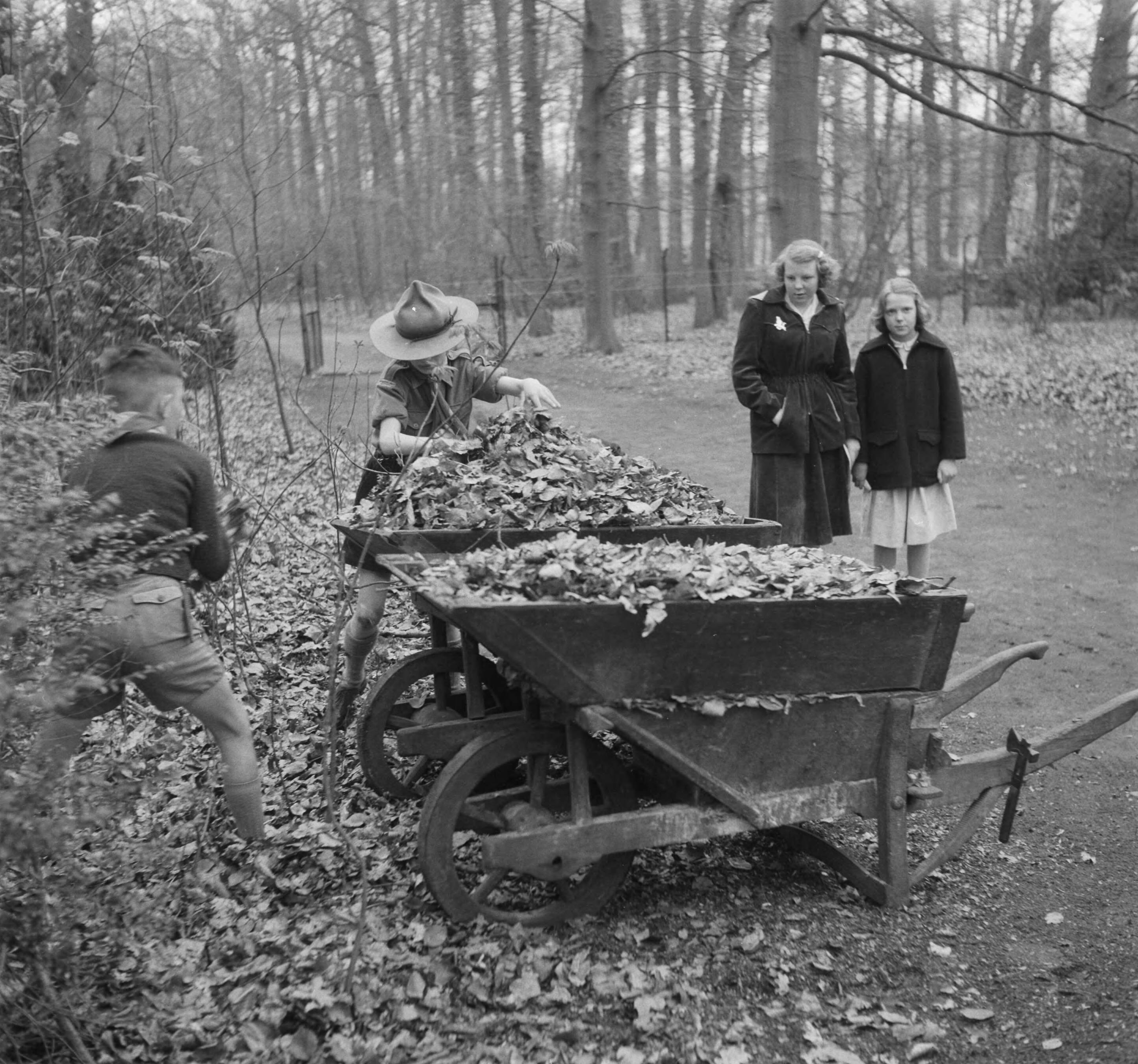 Soestijd. Padvindersactie "Heitje voor een Karweitje" — Palleis Soestdijjk. Padvindersactie "Heitje voor een Karweitje". Padvinders aan het werk — Foto: Noske, J.D. / Anefo. Licentie: Set B: Rechtenvrij / Publiek Domein. Bron: Nationaal Archief. http://hdl.handle.net/10648/a8f7fae8-d0b4-102d-bcf8-003048976d84