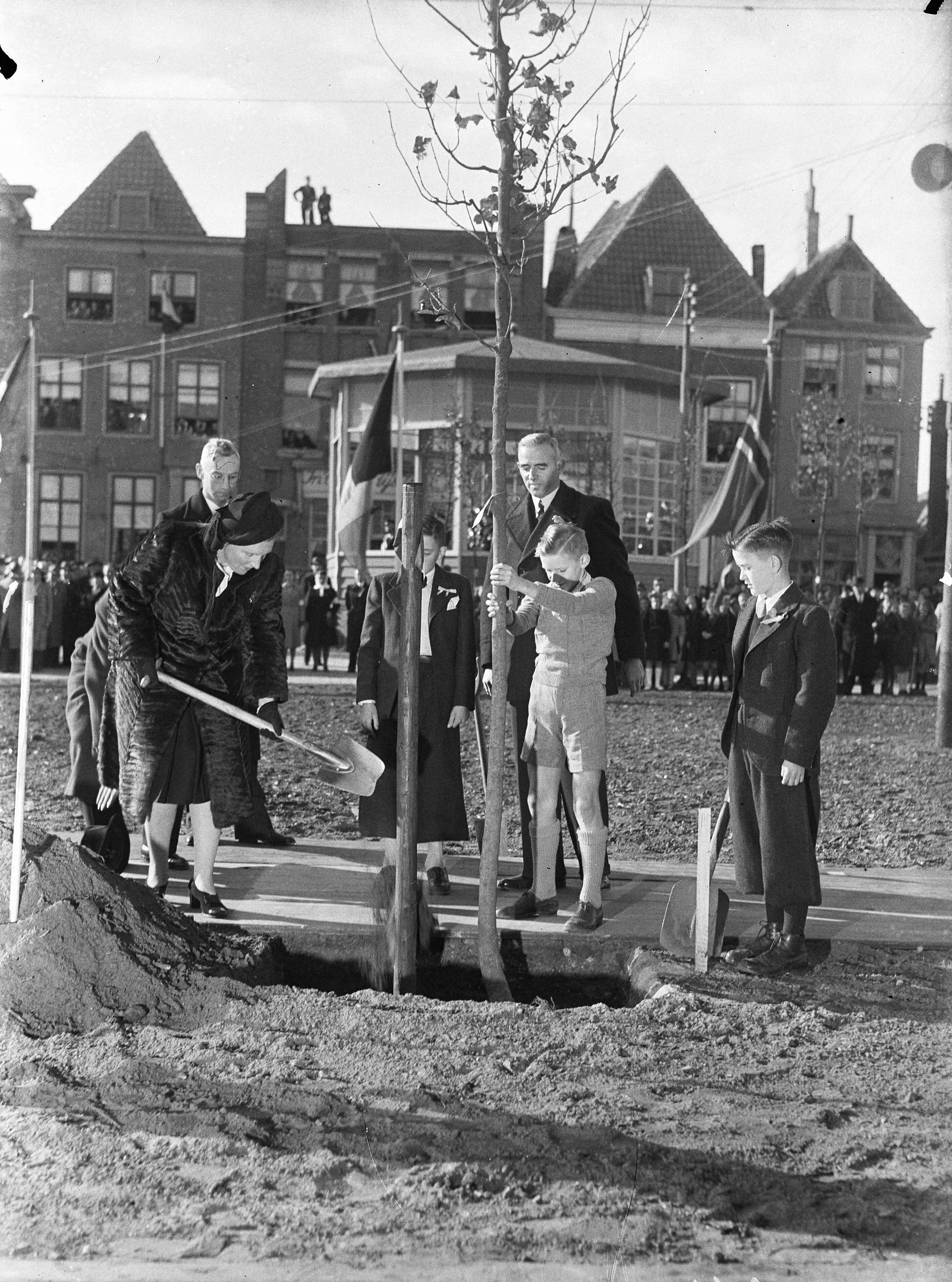Fotocollectie Anefo — Opening Boomplantdag op Walcheren door prinses Juliana, in gezelschap van prins Bernhard. Prinses Juliana plant een boom in het Bellamypark te Vlissingen — Foto: Sagers, Harry / Anefo. Licentie: Set B: Rechtenvrij / Publiek Domein. Bron: Nationaal Archief. http://hdl.handle.net/10648/a8af1684-d0b4-102d-bcf8-003048976d84