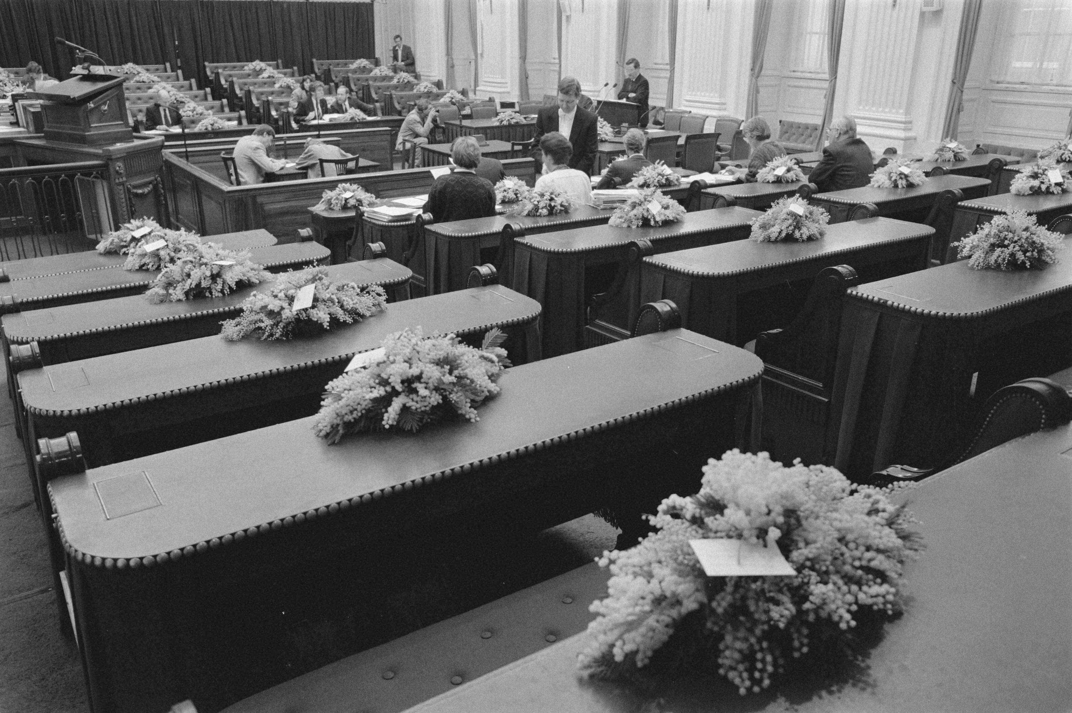 Fotocollectie Anefo — Den Haag 400 jaar zetel Staten Generaal ; bloemen in Tweede Kamer — Foto: Croes, Rob C. / Anefo. Licentie: Set B: Rechtenvrij / Publiek Domein. Bron: Nationaal Archief. http://hdl.handle.net/10648/ad67c1b2-d0b4-102d-bcf8-003048976d84