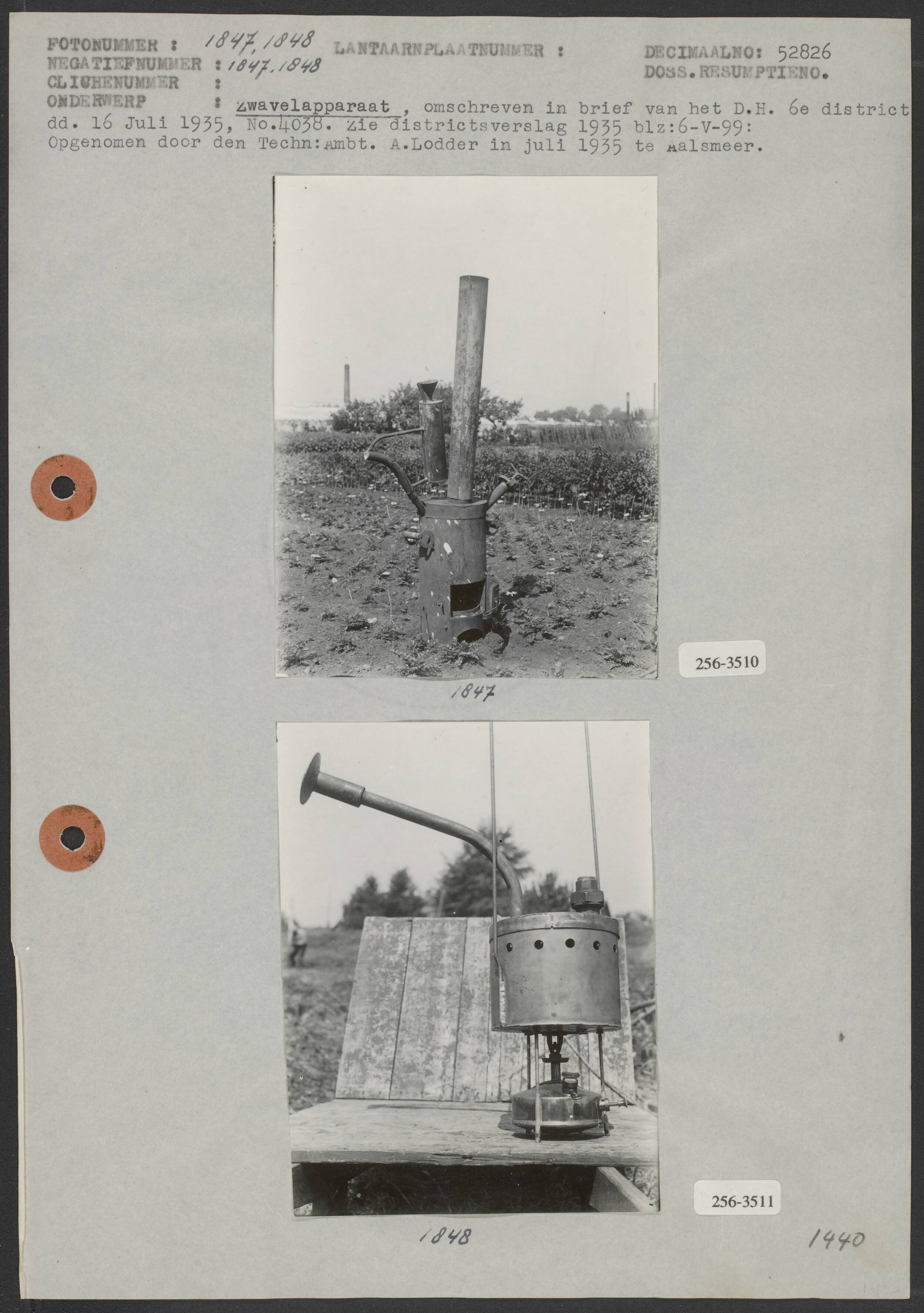 Zwavelapparaten — Foto 1: Zwavelapparaat, omschreven in de brief van het D.H. 6e district d.d. 16 juli 1935, nr. 4038 (zie Districtsverslag 1935 p. 6-V-99) (11,5x9 cm; A. Lodder) Foto 2: Zwavelapparaat, omschreven in de brief van het D.H. 6e district d.d. 16 juli 1935, nr. 4038 (zie Districtsverslag 1935 p. 6-V-99) (11,5x9 cm; A. Lodder) — Foto: Lodder, Aart / Arbeidsinpectie. Licentie: Set B: Rechtenvrij / Publiek Domein. Bron: Nationaal Archief. http://hdl.handle.net/10648/b018c82a-d0b4-102d-bcf8-003048976d84