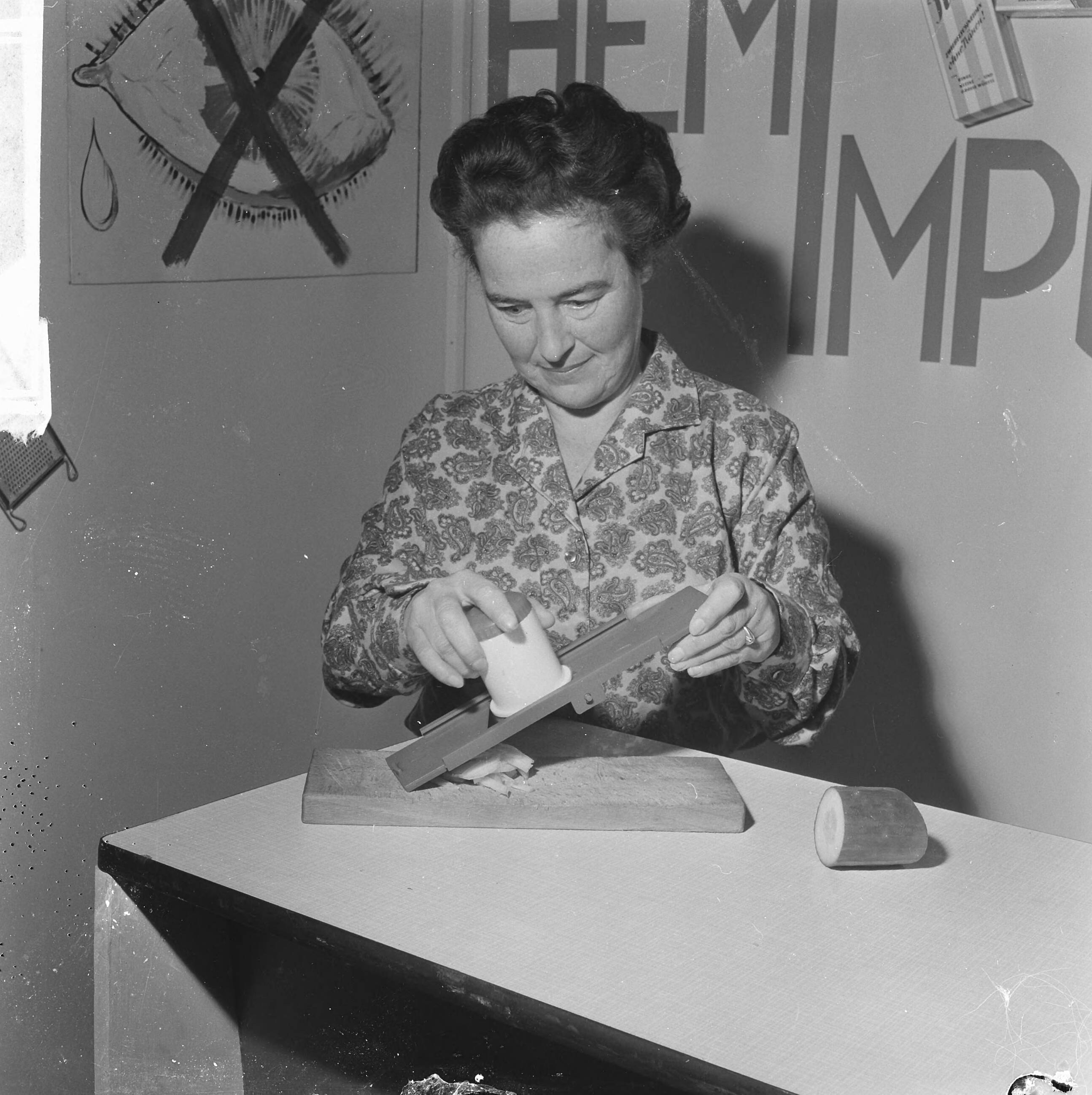 Fotocollectie Anefo — 84ste Damesbeurs in de Houtrusthallen te Den Haag, demonstratie van een rauwkostschaaf — Foto: Voets, Jan / Anefo. Licentie: Set B: Rechtenvrij / Publiek Domein. Bron: Nationaal Archief. http://hdl.handle.net/10648/aac26a3e-d0b4-102d-bcf8-003048976d84